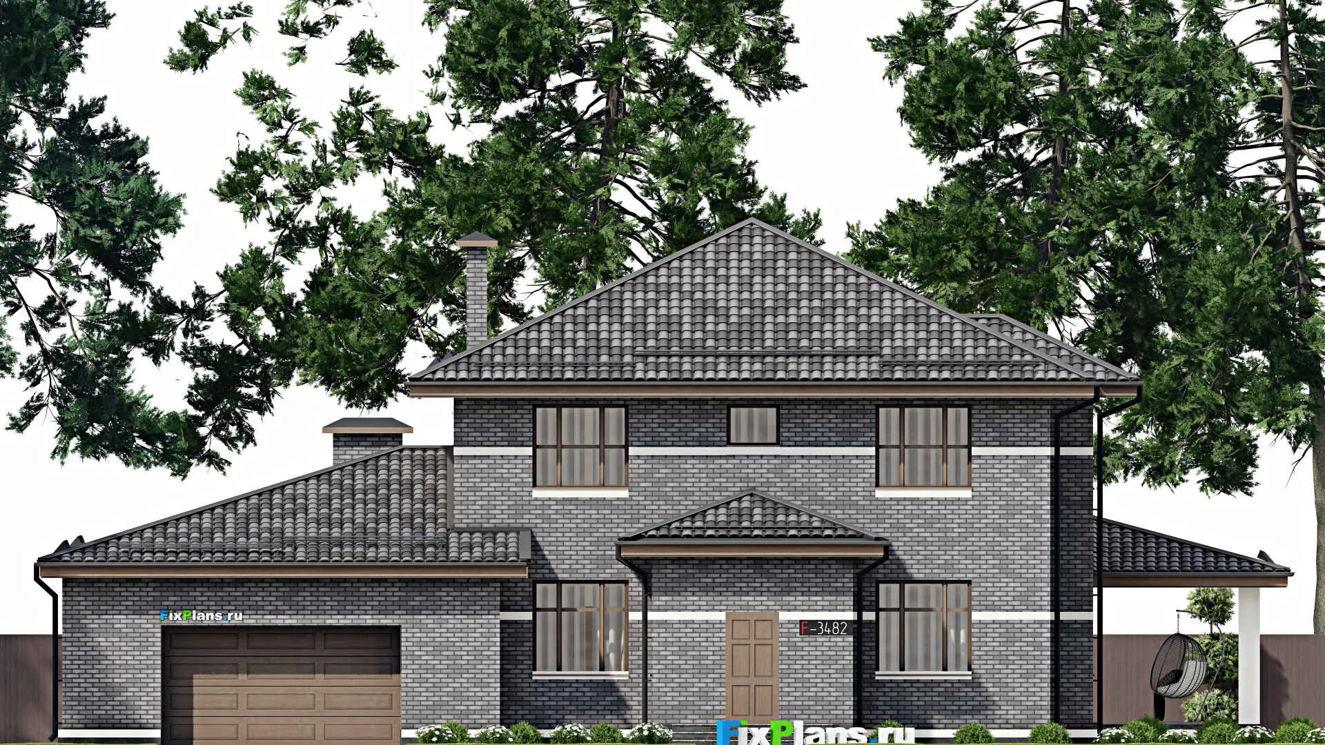 F-3482 - Планы двухэтажного дома 19 на 23, площадью 350 м² с террасой, гаражом на 2 машины и 5 спальнями