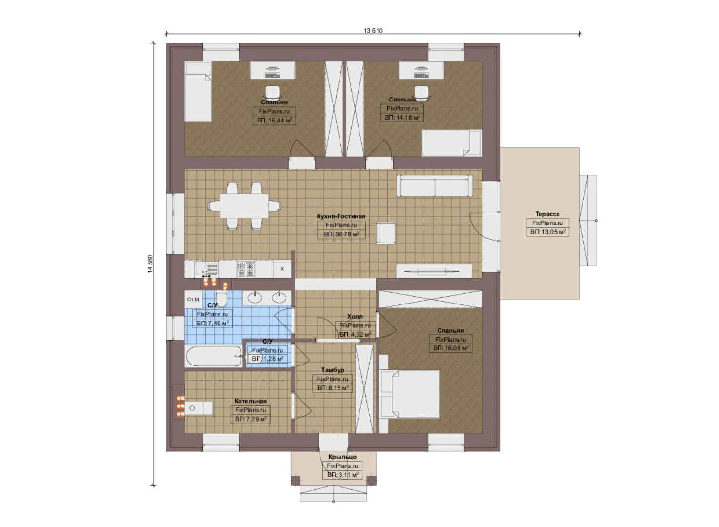 F-18233 - План одноэтажного дома 14 на 15, площадью 130 м² с террасой и 3 спальнями