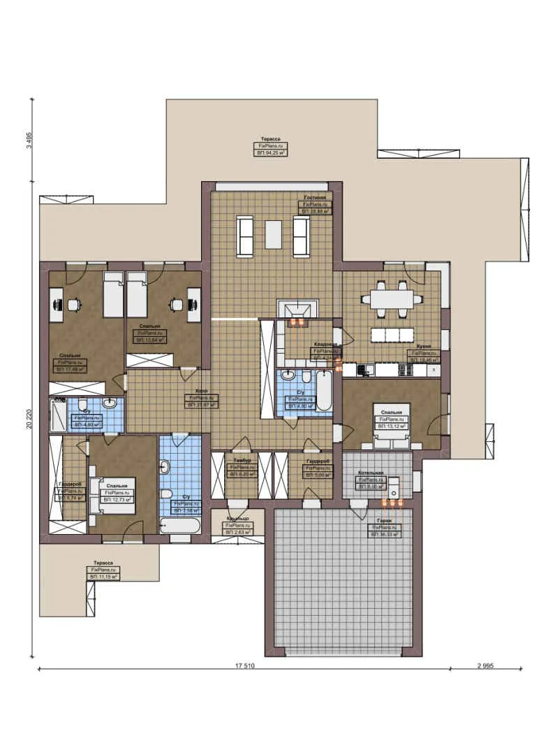 F-6434 - План одноэтажного дома 18 на 21, площадью 330 м² с террасой, гаражом на 2 машины и 4 спальнями