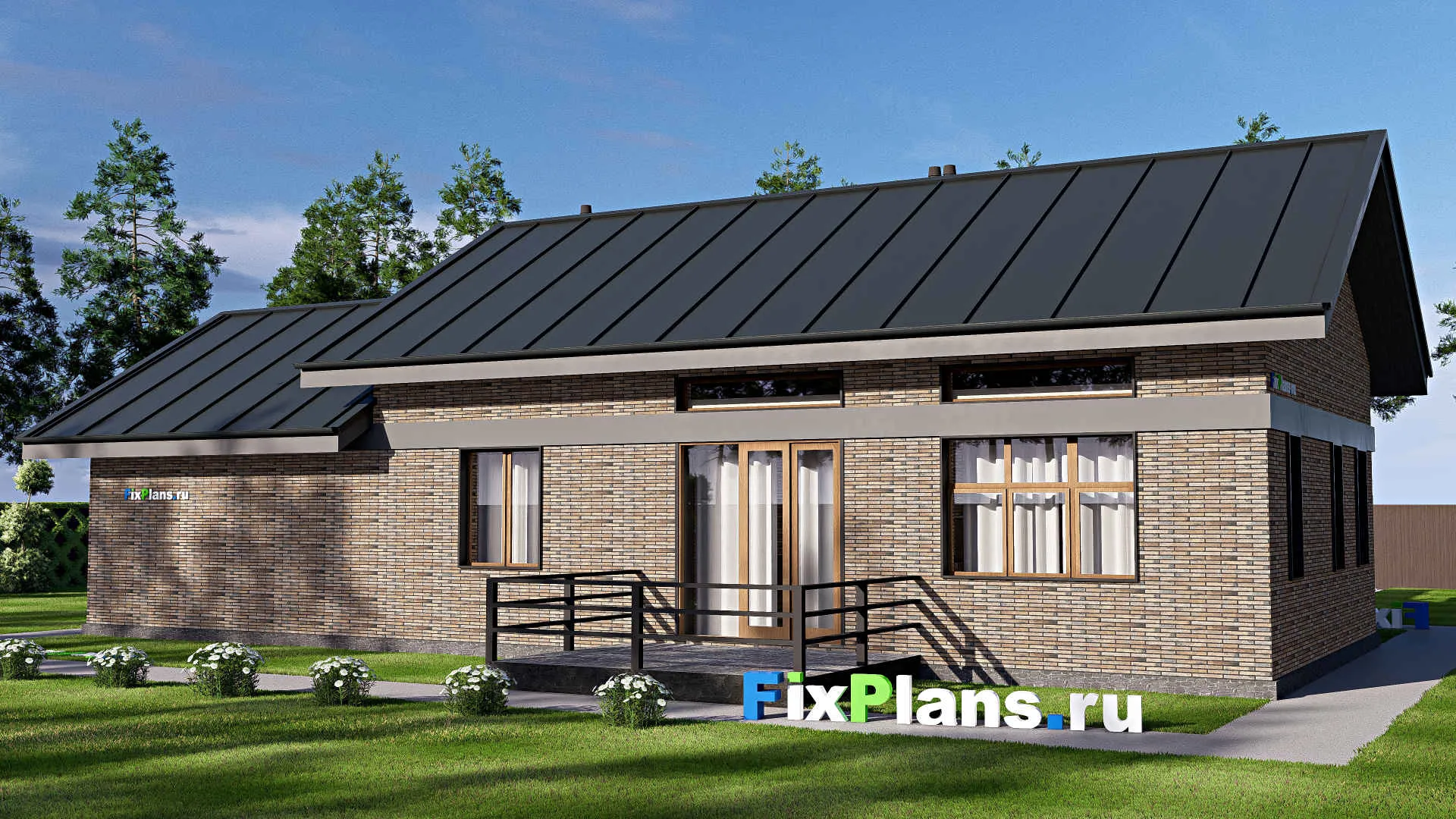 F-20537 - Проект одноэтажного дома 17 на 20, площадью 180 м² с террасой, гаражом на 2 машины и 2 спальнями