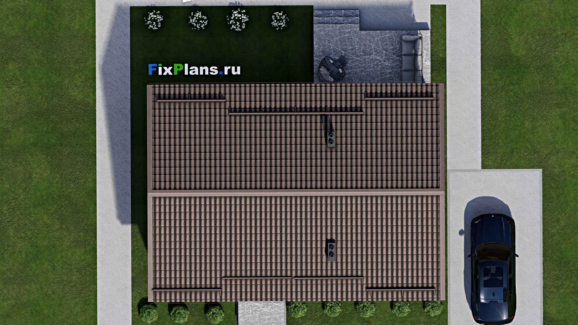 F-3005 - Проект одноэтажного дома 9 на 12, площадью 100 м² с террасой и 2 спальнями