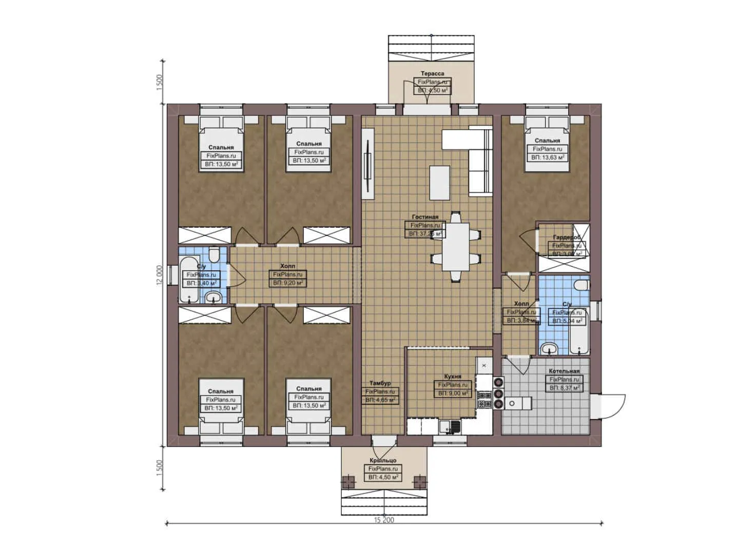 F-4004 - План одноэтажного дома 12 на 16, площадью 160 м² с террасой и 5 спальнями