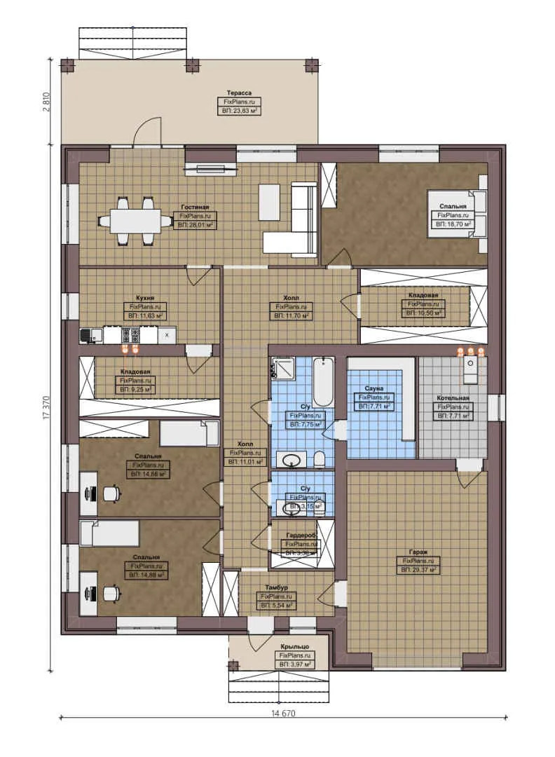 F-4310 - План одноэтажного дома 15 на 18, площадью 230 м² с террасой, баней, гаражом на 1 машину и 3 спальнями