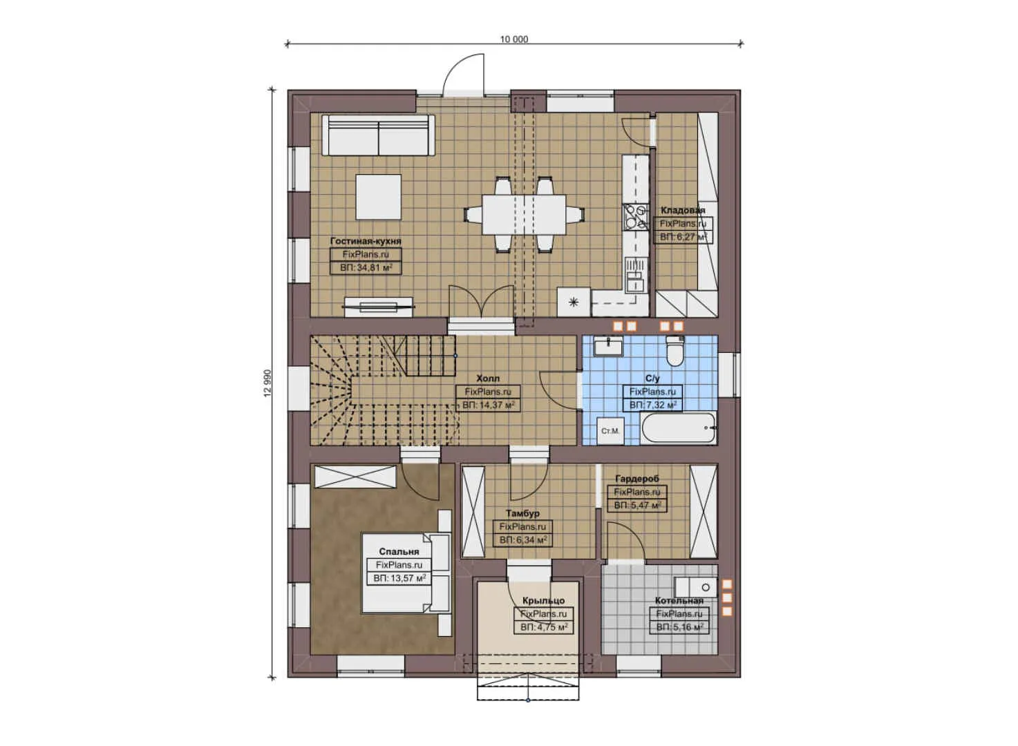 F-8234 - Планы двухэтажного дома 10 на 13, площадью 200 м² с террасой и 4 спальнями