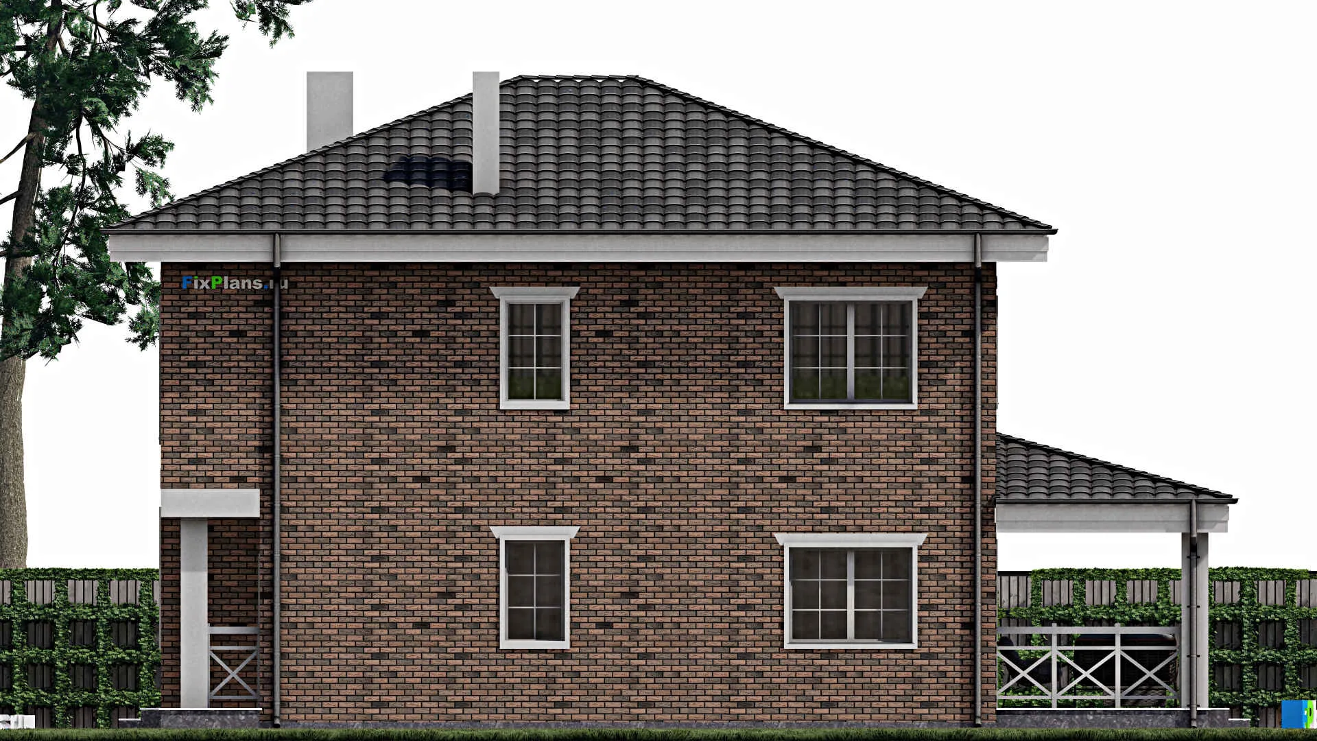 F-0800 - Планы двухэтажного дома 11 на 12, площадью 200 м² с террасой и 4 спальнями