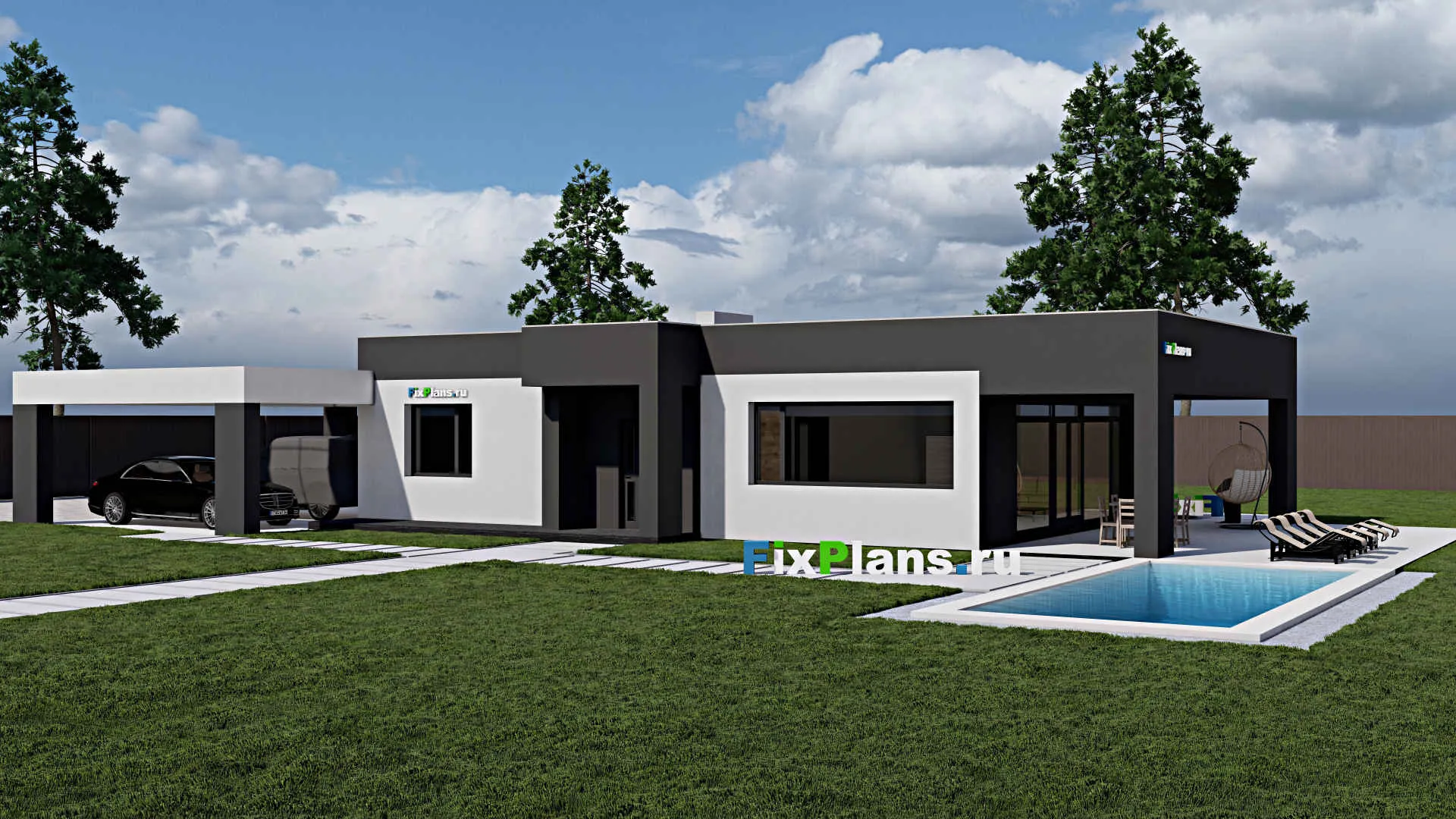 F-0305 - Проект одноэтажного дома 11 на 19, площадью 220 м² с террасой и 4 спальнями