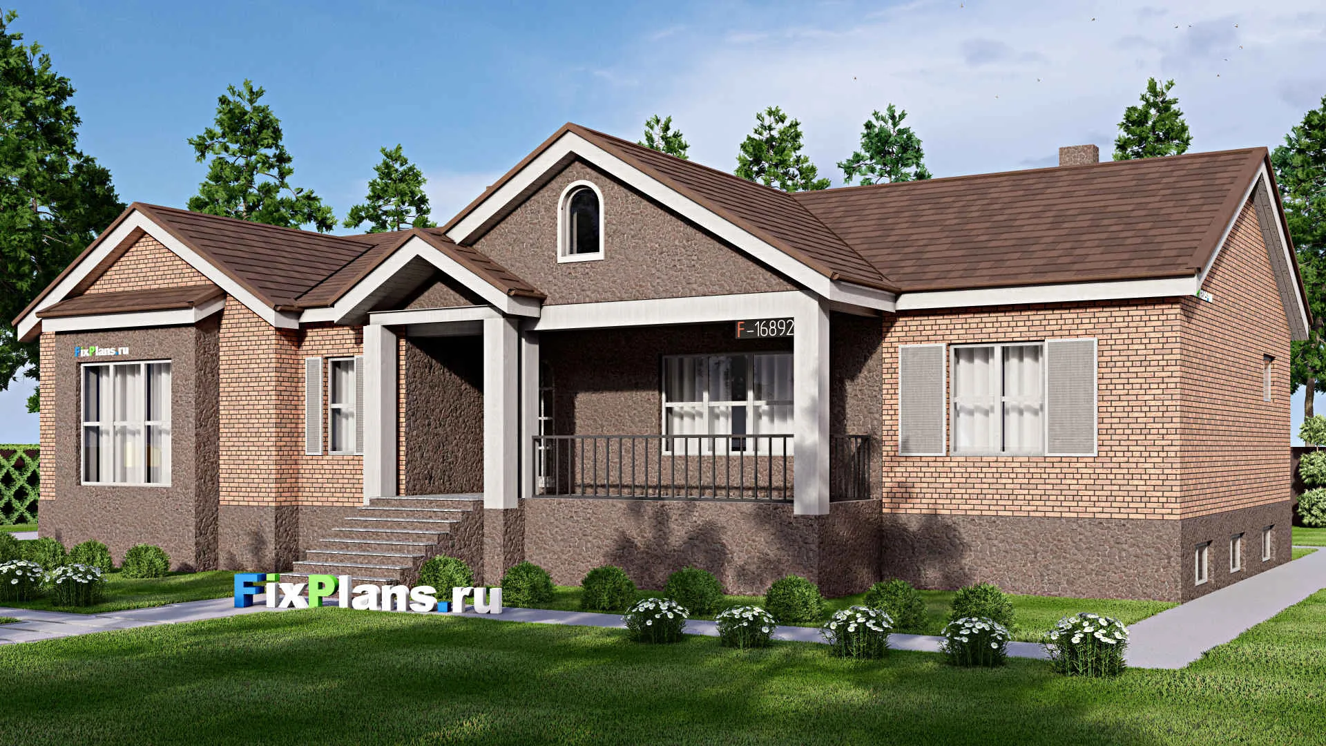 F-16892 - Проект одноэтажного дома 18 на 22, площадью 460 м² с террасой, цокольным этажом, гаражом на 2 машины и 4 спальнями