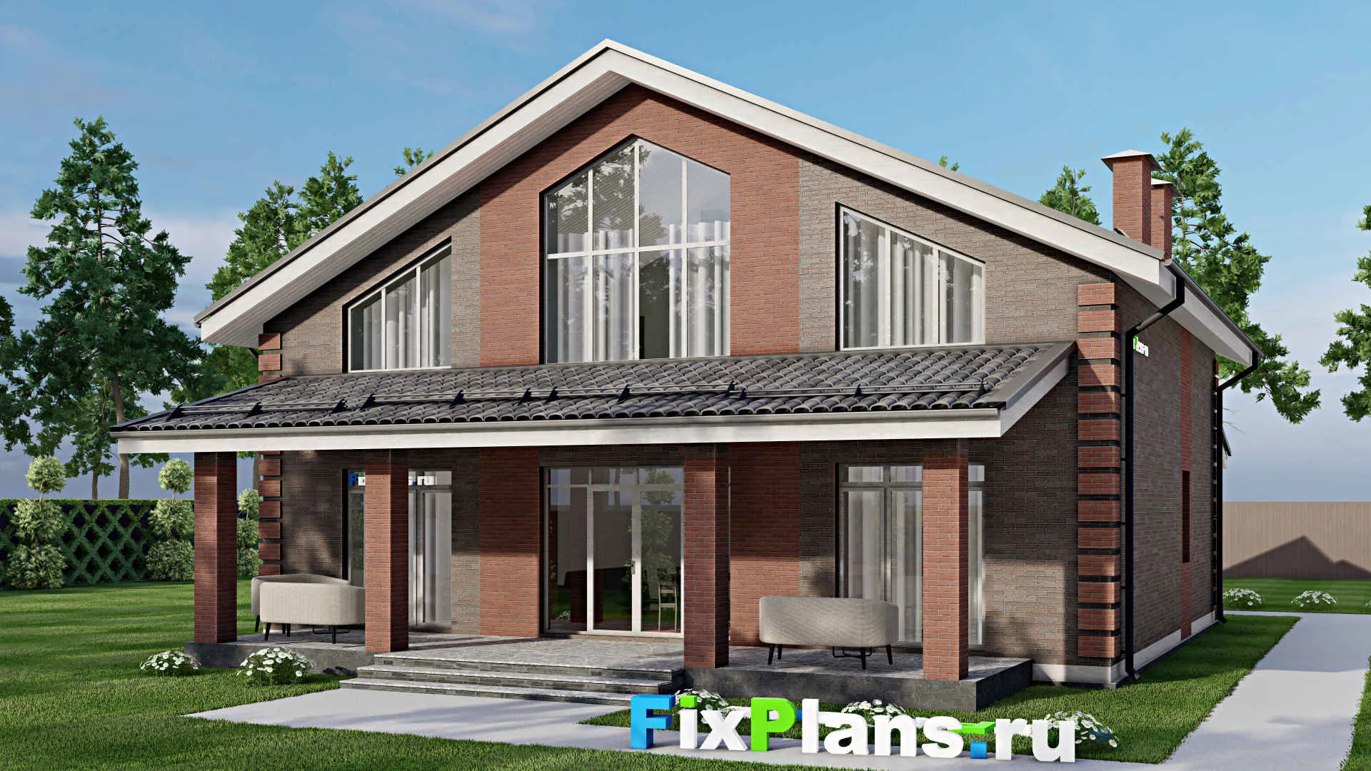 F-6497 - Планы дома с мансардой 14 на 14, площадью 250 м² с террасой, гаражом на 1 машину и 3 спальнями