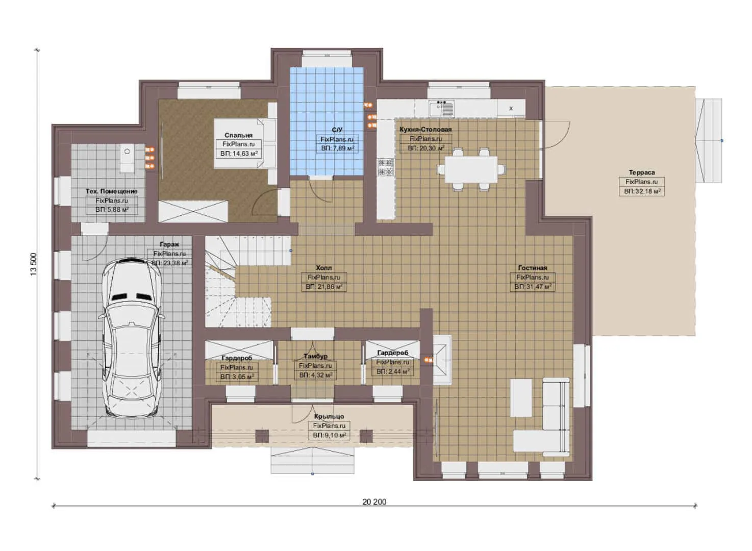 F-20735 - Планы двухэтажного дома 14 на 21, площадью 280 м² с террасой, балконом, гаражом на 1 машину и 4 спальнями