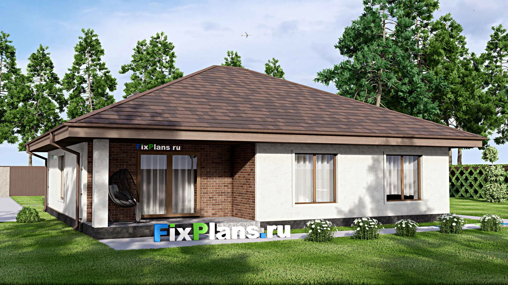 F-13679 - Проект одноэтажного дома 13 на 14, площадью 140 м² с террасой и 3 спальнями