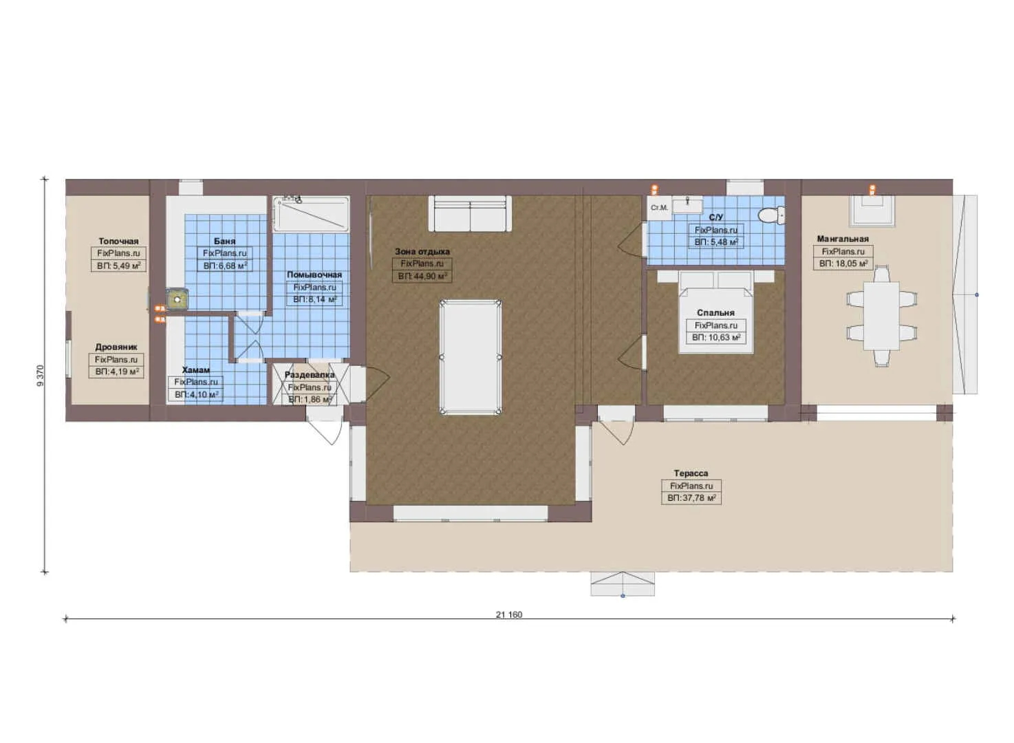 F-19754 - План одноэтажного дома 10 на 22, площадью 150 м² с террасой, баней и 1 спальнями