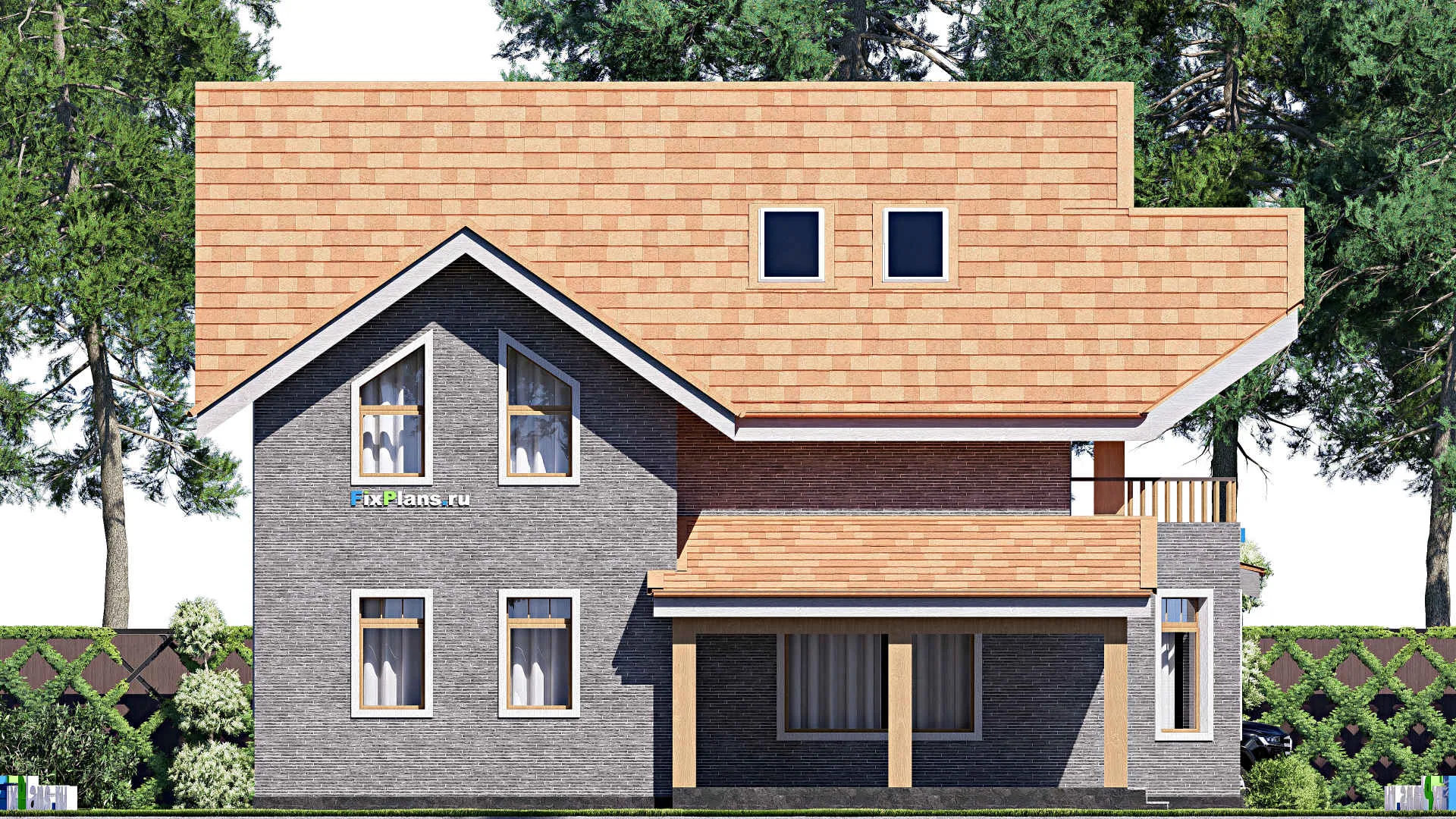 F-19268 - Проект дома с мансардой 13 на 14, площадью 230 м² с террасой, балконом и 3 спальнями