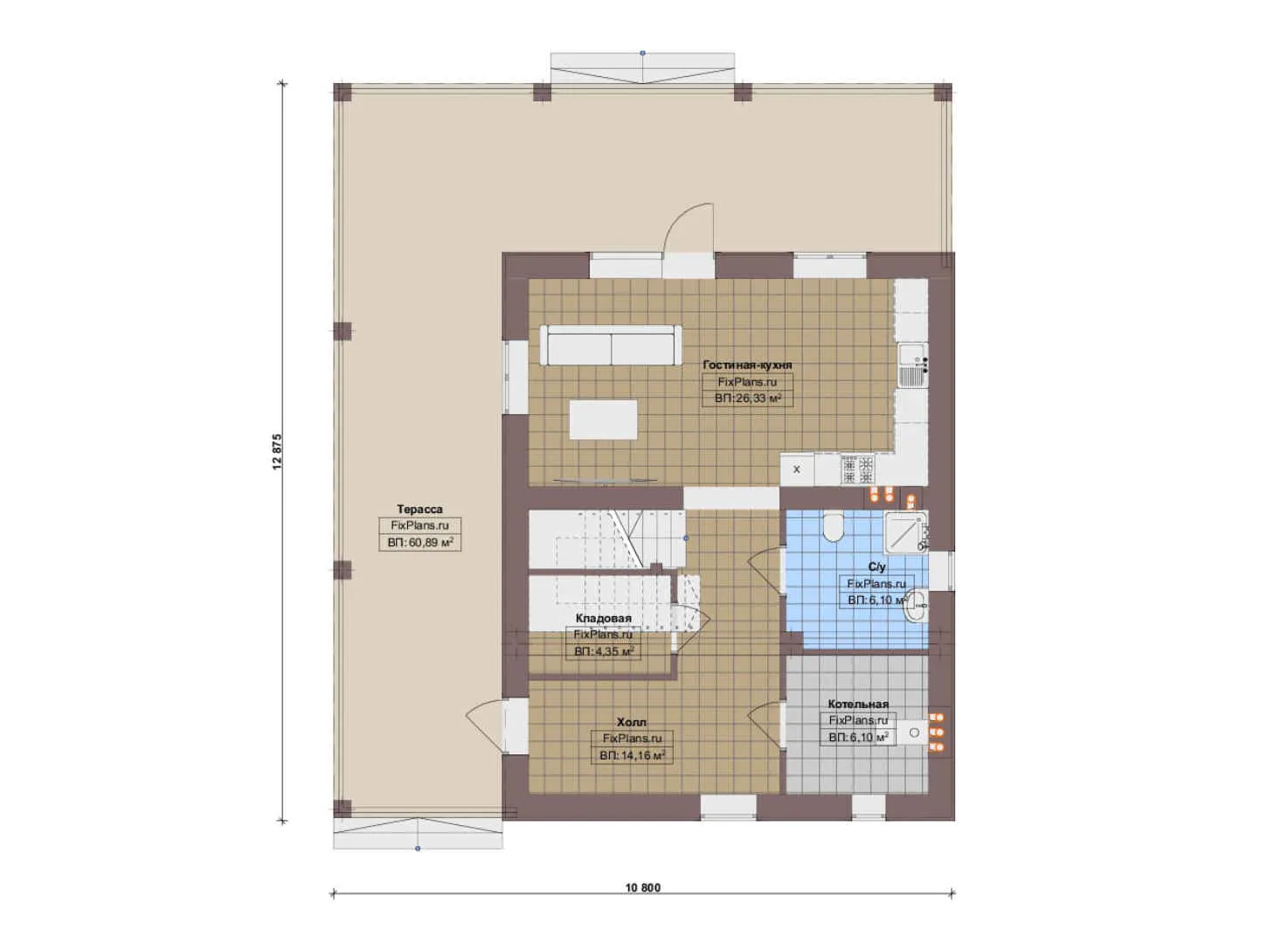 F-17927 - План одноэтажного дома 15 на 16, площадью 180 м² с террасой и 3 спальнями