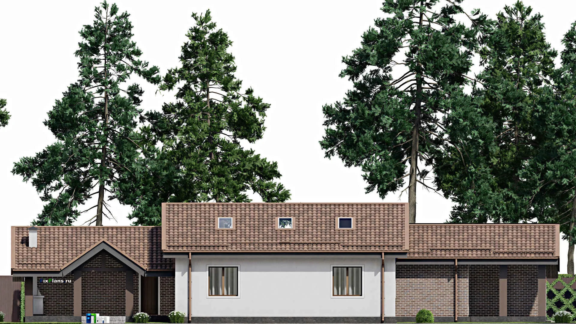 F-9053 - План одноэтажного дома 12 на 26, площадью 190 м² с террасой, баней, гаражом на 1 машину и 2 спальнями