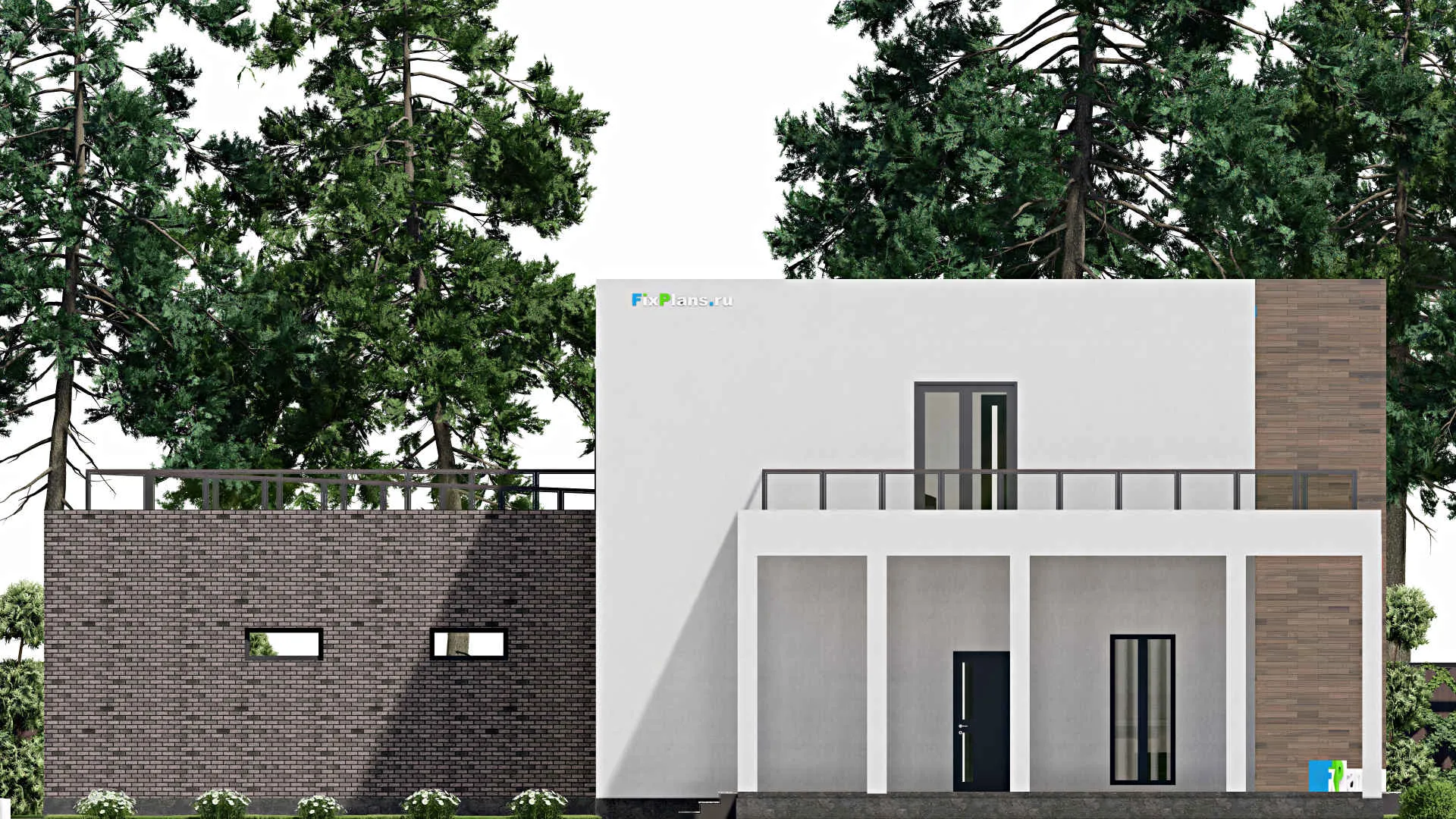 F-3572 - Проект двухэтажного дома 21 на 22, площадью 450 м² с террасой, баней, гаражом на 2 машины и 3 спальнями