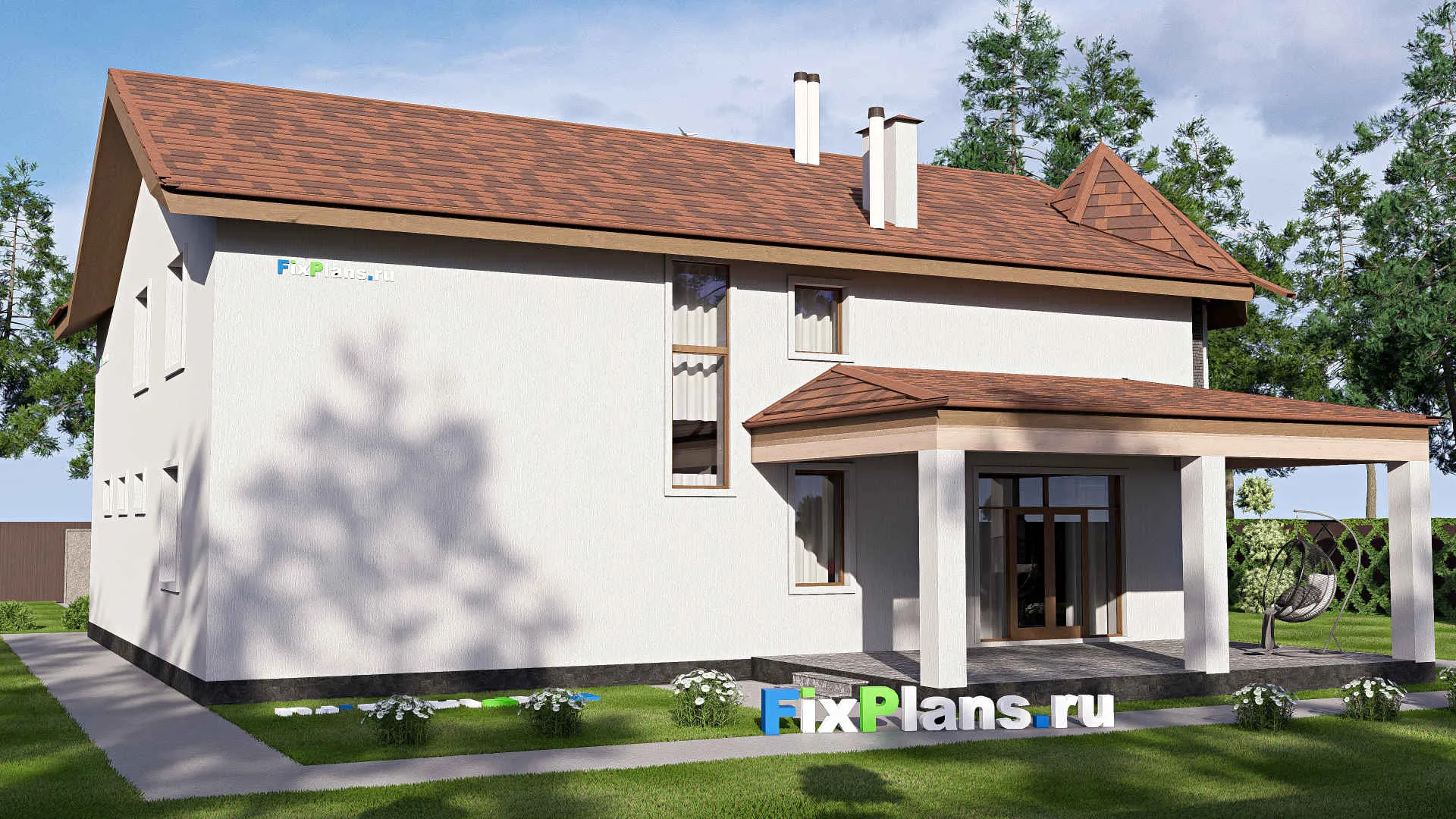 F-20240 - Проект двухэтажного дома 19 на 20, площадью 360 м² с террасой, гаражом на 2 машины и 3 спальнями