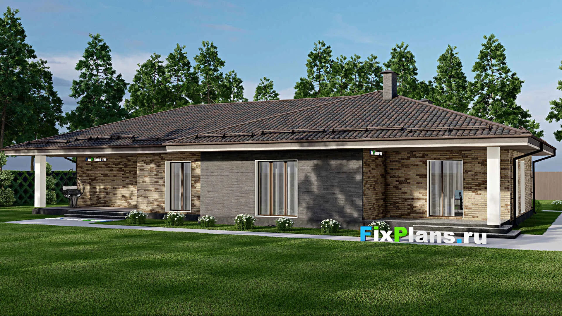 F-6740 - Проект одноэтажного дома 15 на 25, площадью 270 м² с террасой, гаражом на 2 машины и 3 спальнями