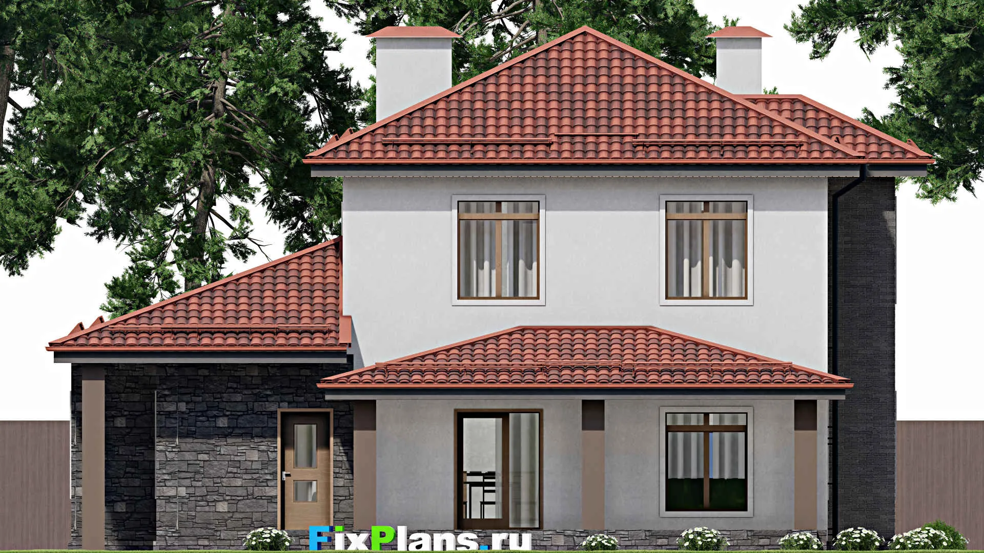 F-4247 - Планы двухэтажного дома 15 на 16, площадью 200 м² с террасой, гаражом на 1 машину и 4 спальнями