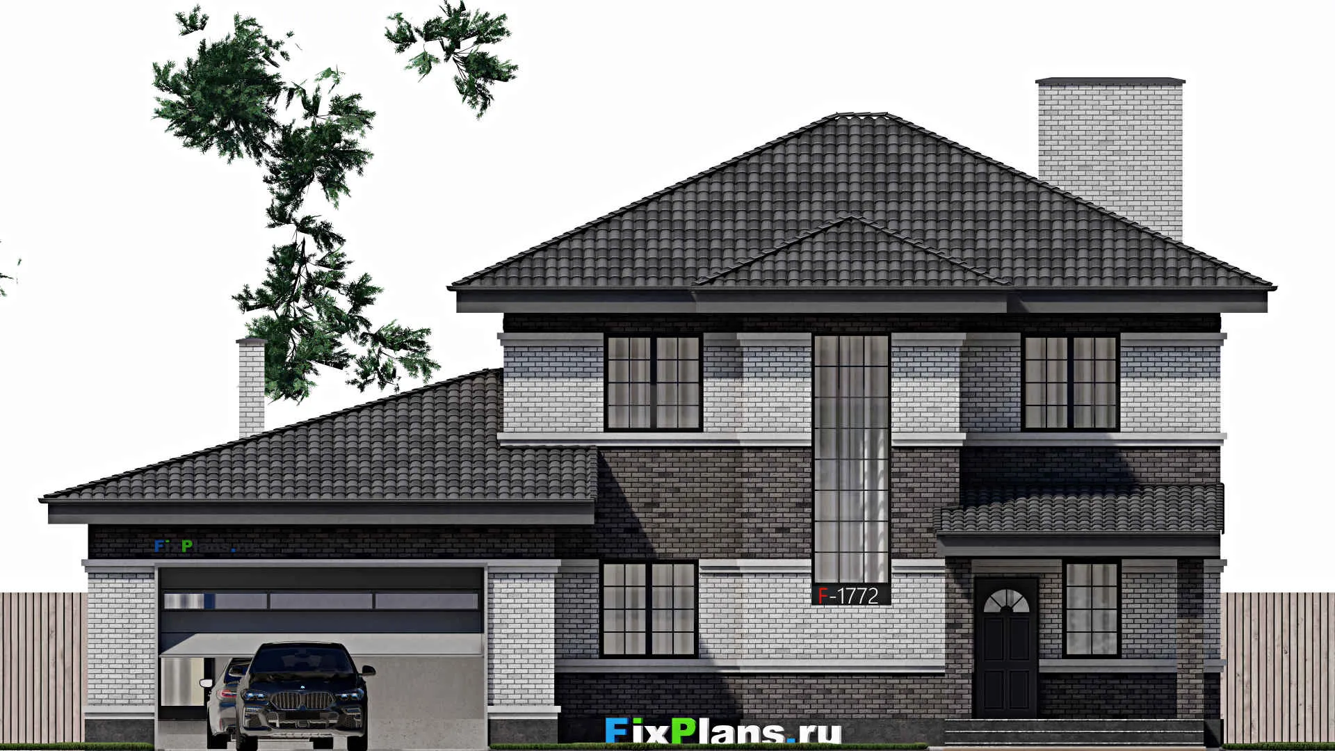 F-1772 - Планы двухэтажного дома 12 на 17, площадью 240 м² с террасой, гаражом на 2 машины и 4 спальнями