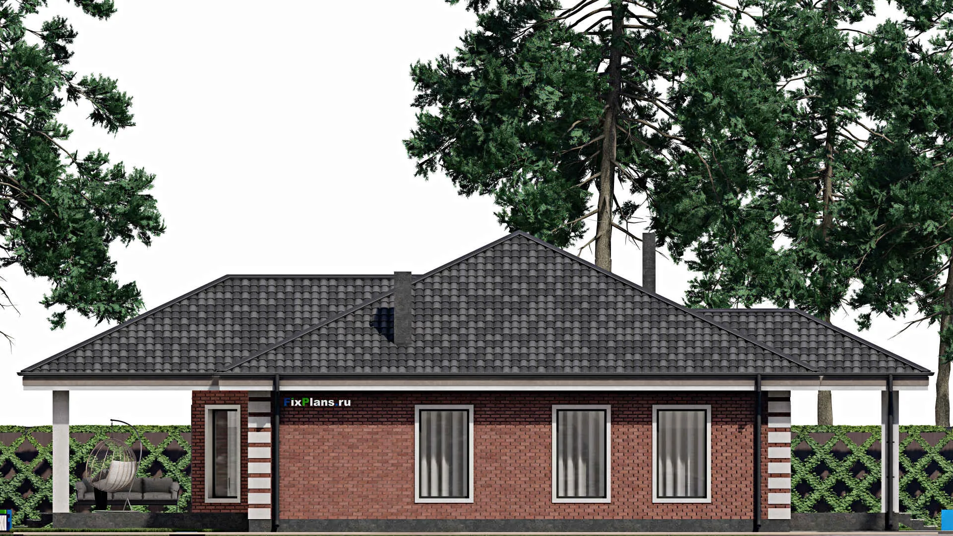 F-1358 - План одноэтажного дома 13 на 20, площадью 240 м² с террасой, гаражом на 1 машину и 2 спальнями