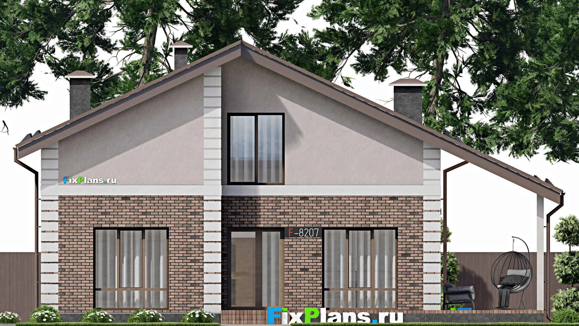 F-8207 - Планы дома с мансардой 12 на 14, площадью 240 м² с террасой и 1 спальнями