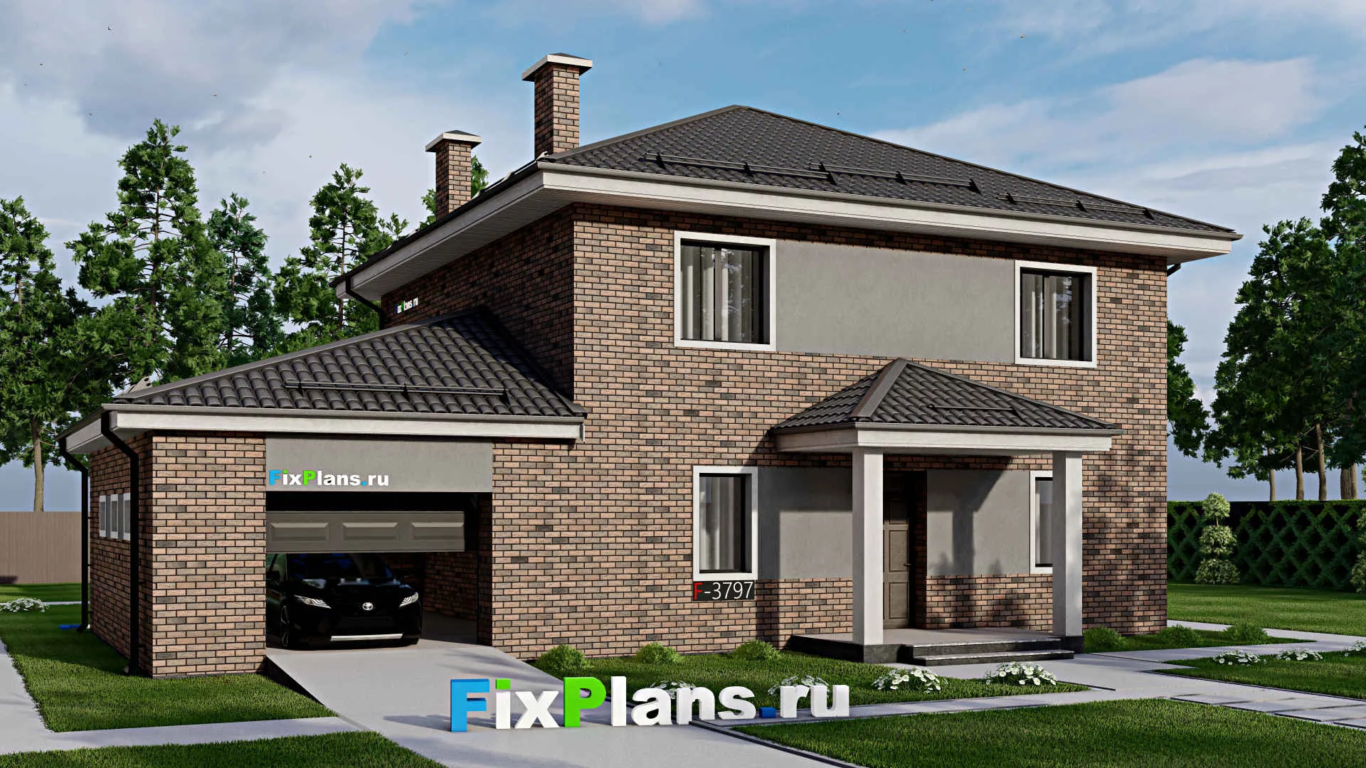 F-3797 - Проект двухэтажного дома 11 на 17, площадью 230 м² с террасой, гаражом на 2 машины и 4 спальнями