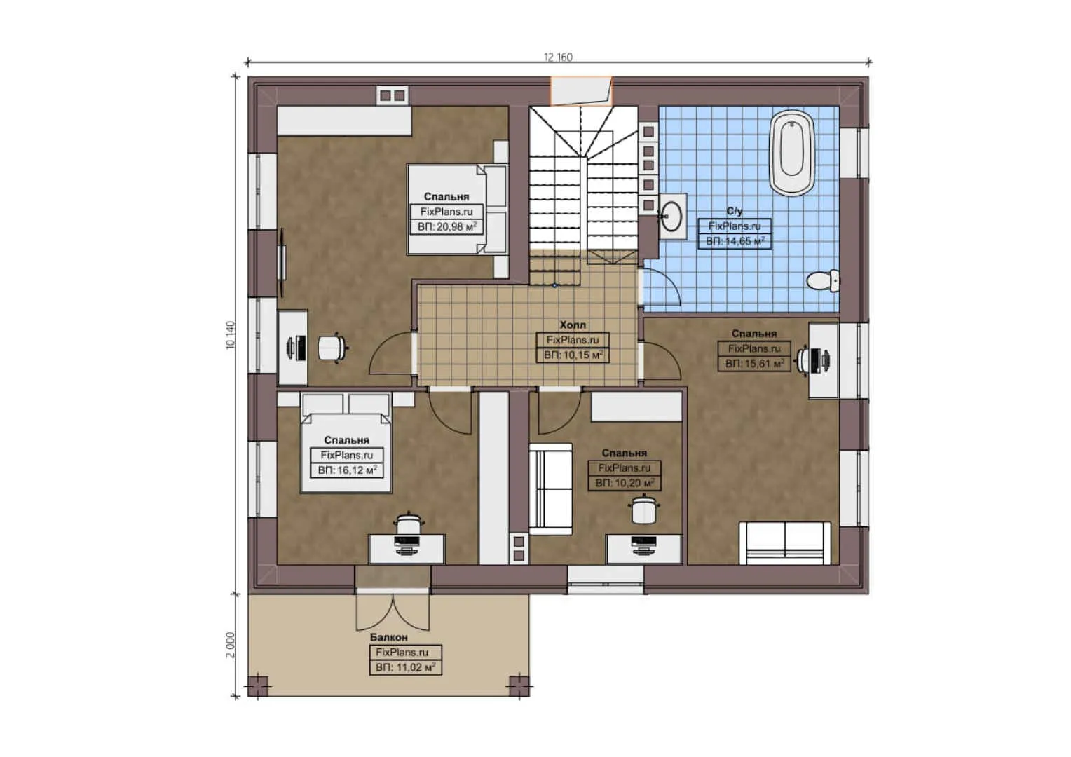 F-1646 - Планы двухэтажного дома 11 на 13, площадью 250 м² с террасой, балконом и 4 спальнями