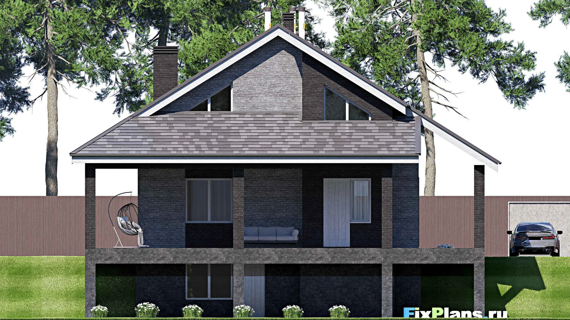 F-18980 - Проект дома с мансардой 12 на 16, площадью 230 м² с террасой, цокольным этажом и 3 спальнями