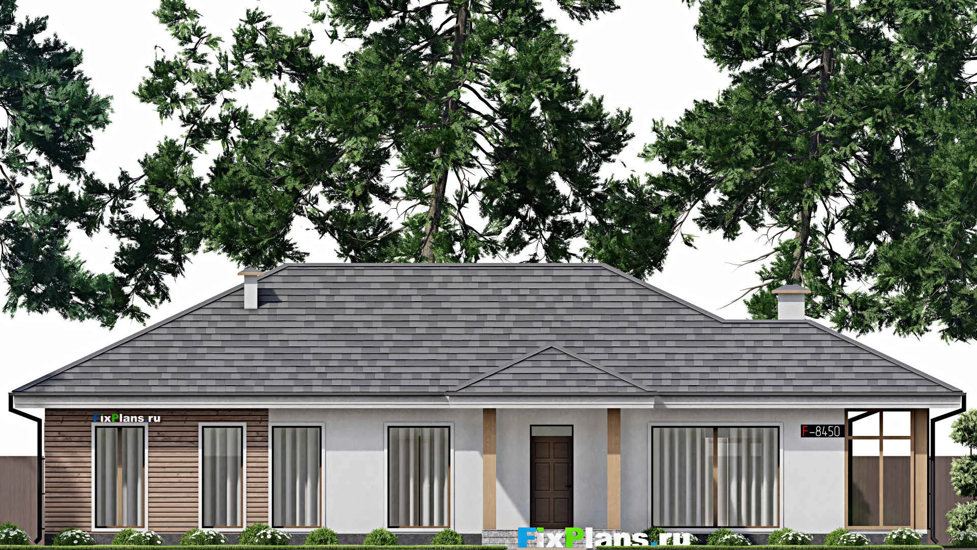 F-8450 - Проект одноэтажного дома 16 на 21, площадью 210 м² с террасой и 6 спальнями