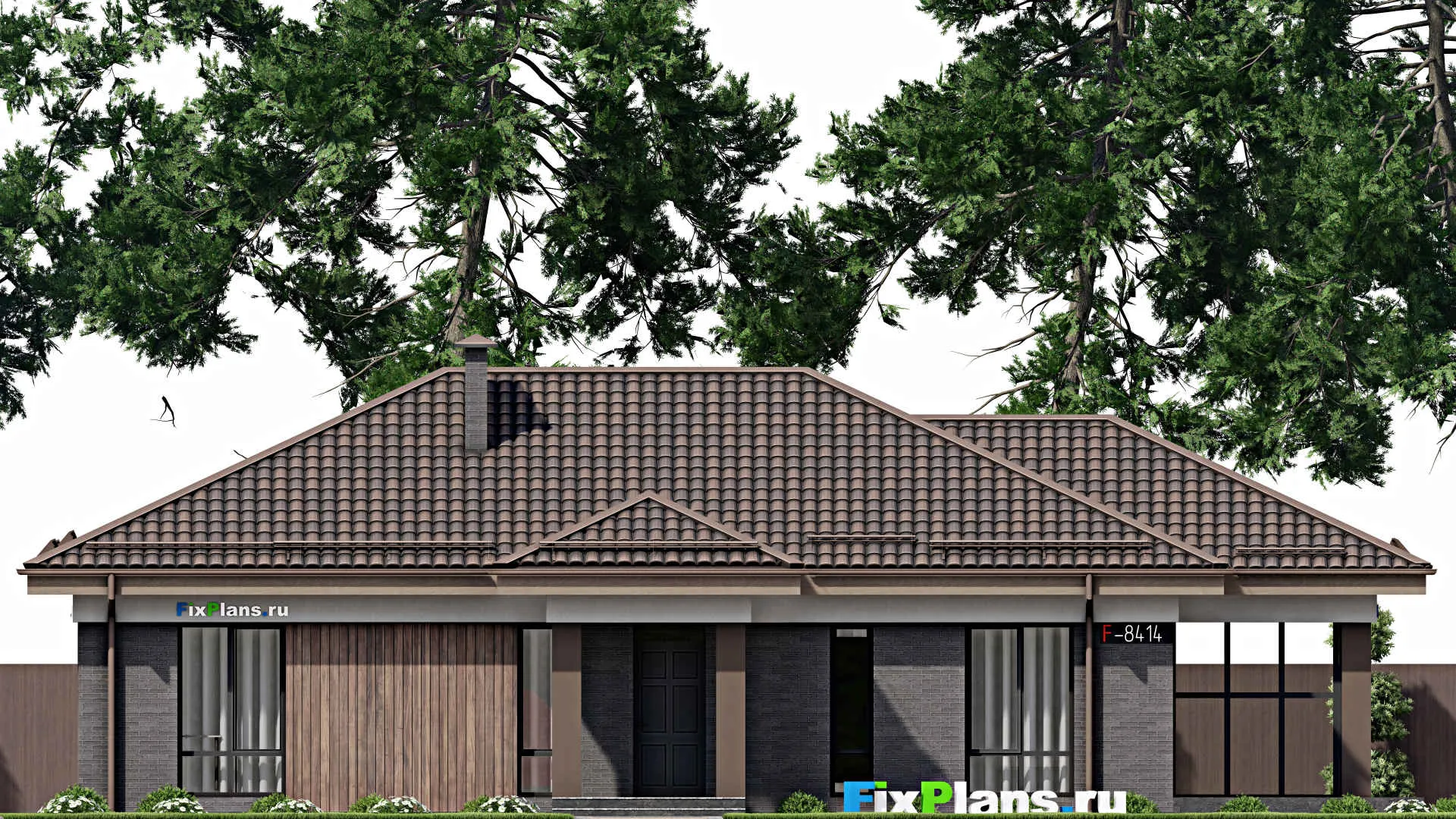 F-8414 - Проект одноэтажного дома 12 на 15, площадью 160 м² с террасой и 4 спальнями