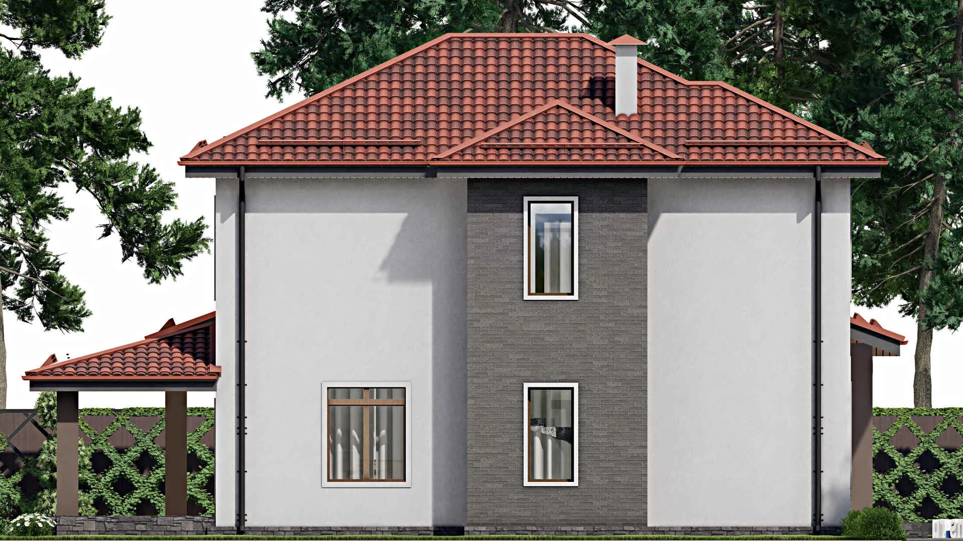 F-4247 - Планы двухэтажного дома 15 на 16, площадью 200 м² с террасой, гаражом на 1 машину и 4 спальнями