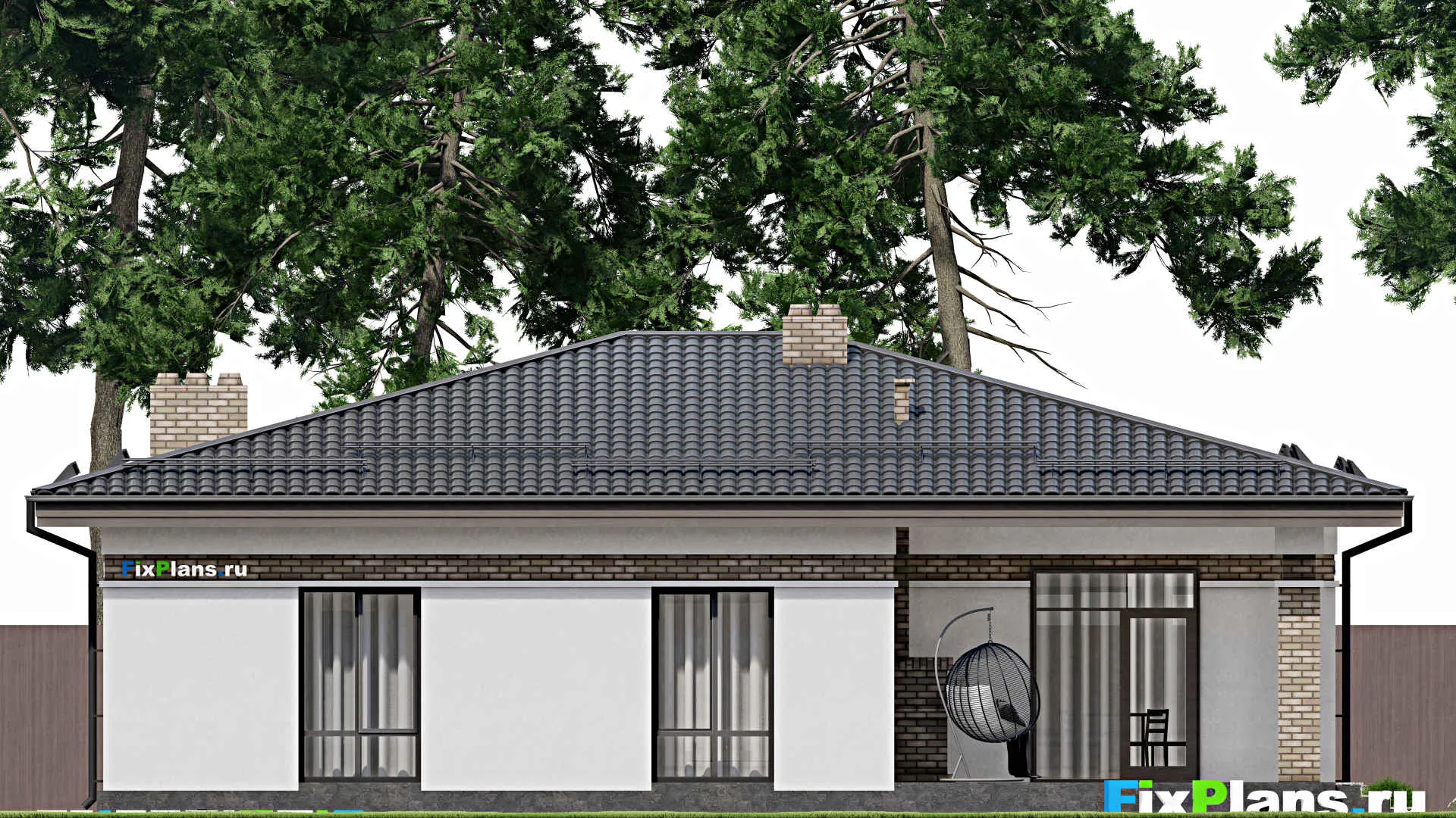 F-2168 - План одноэтажного дома 16 на 18, площадью 180 м² с террасой, баней, гаражом на 1 машину и 2 спальнями