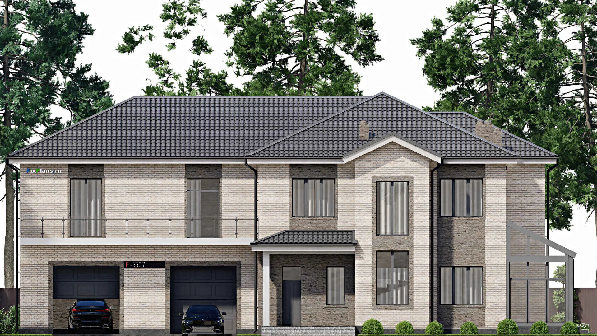 F-5507 - Планы двухэтажного дома 17 на 25, площадью 500 м² с террасой, балконом, гаражом на 2 машины и 4 спальнями