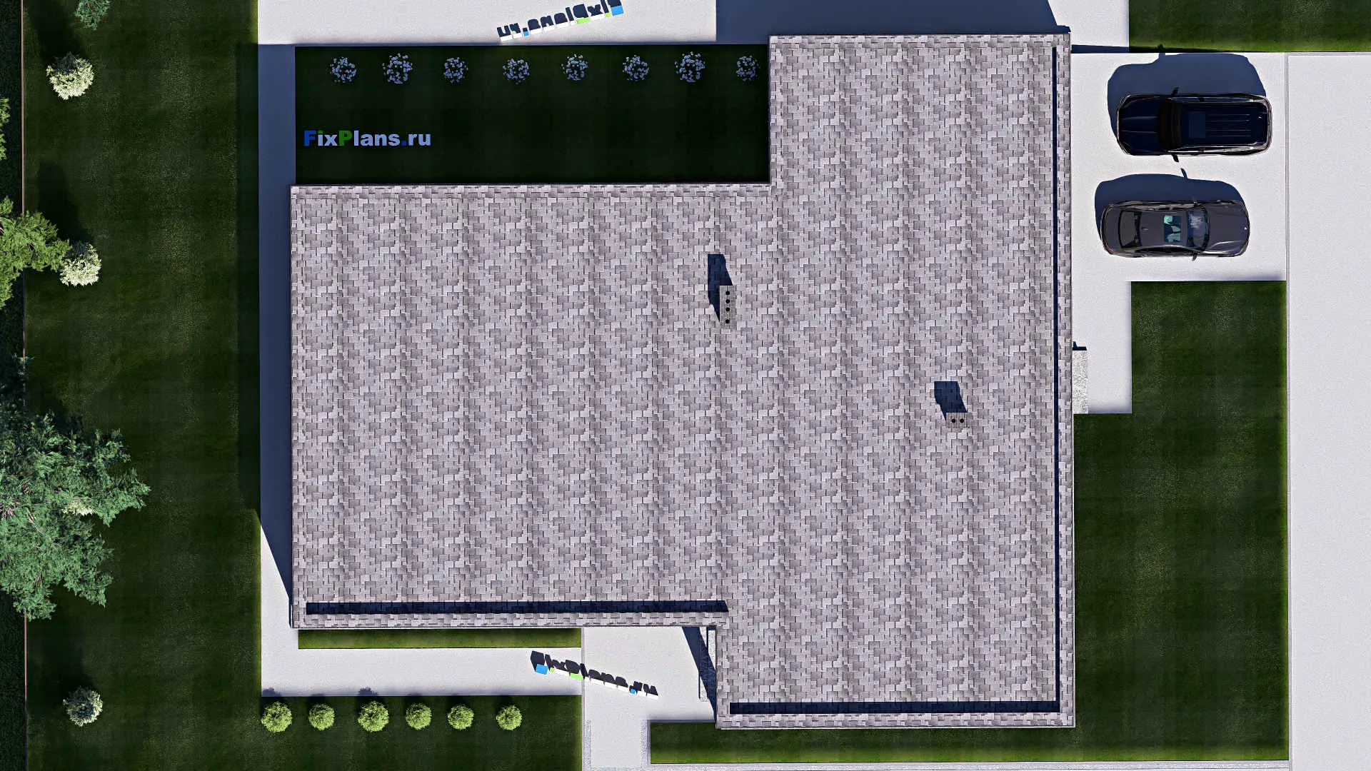 F-19817 - Проект одноэтажного дома 22 на 25, площадью 330 м² с террасой, гаражом на 2 машины и 1 спальнями