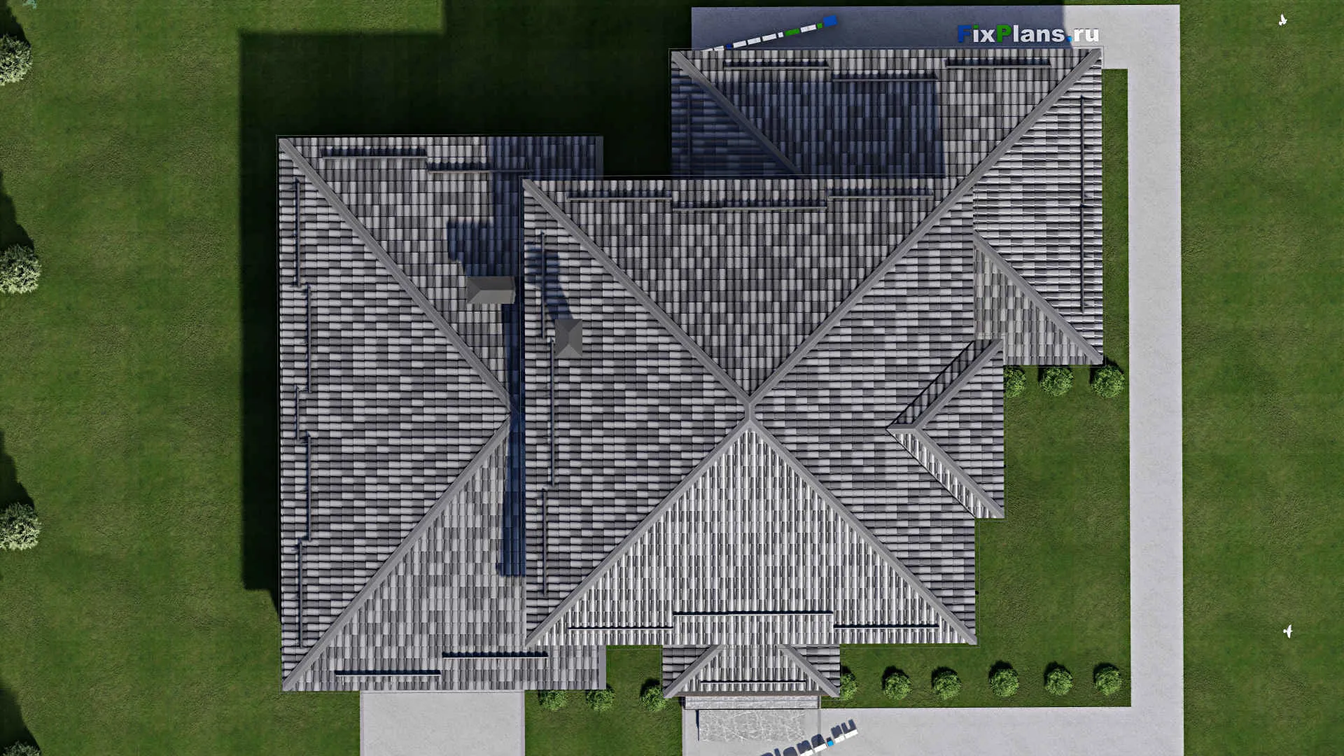 F-3482 - Планы двухэтажного дома 19 на 23, площадью 350 м² с террасой, гаражом на 2 машины и 5 спальнями