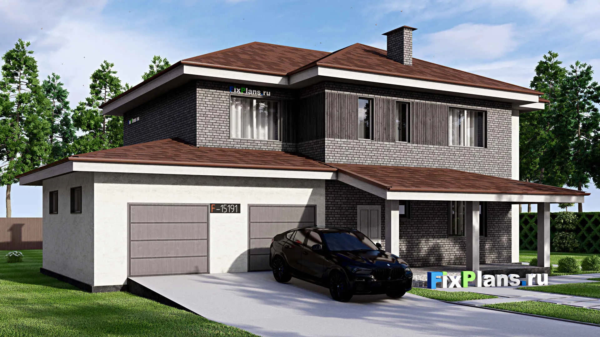 F-15191 - Проект двухэтажного дома 16 на 18, площадью 270 м² с террасой, гаражом на 2 машины и 4 спальнями