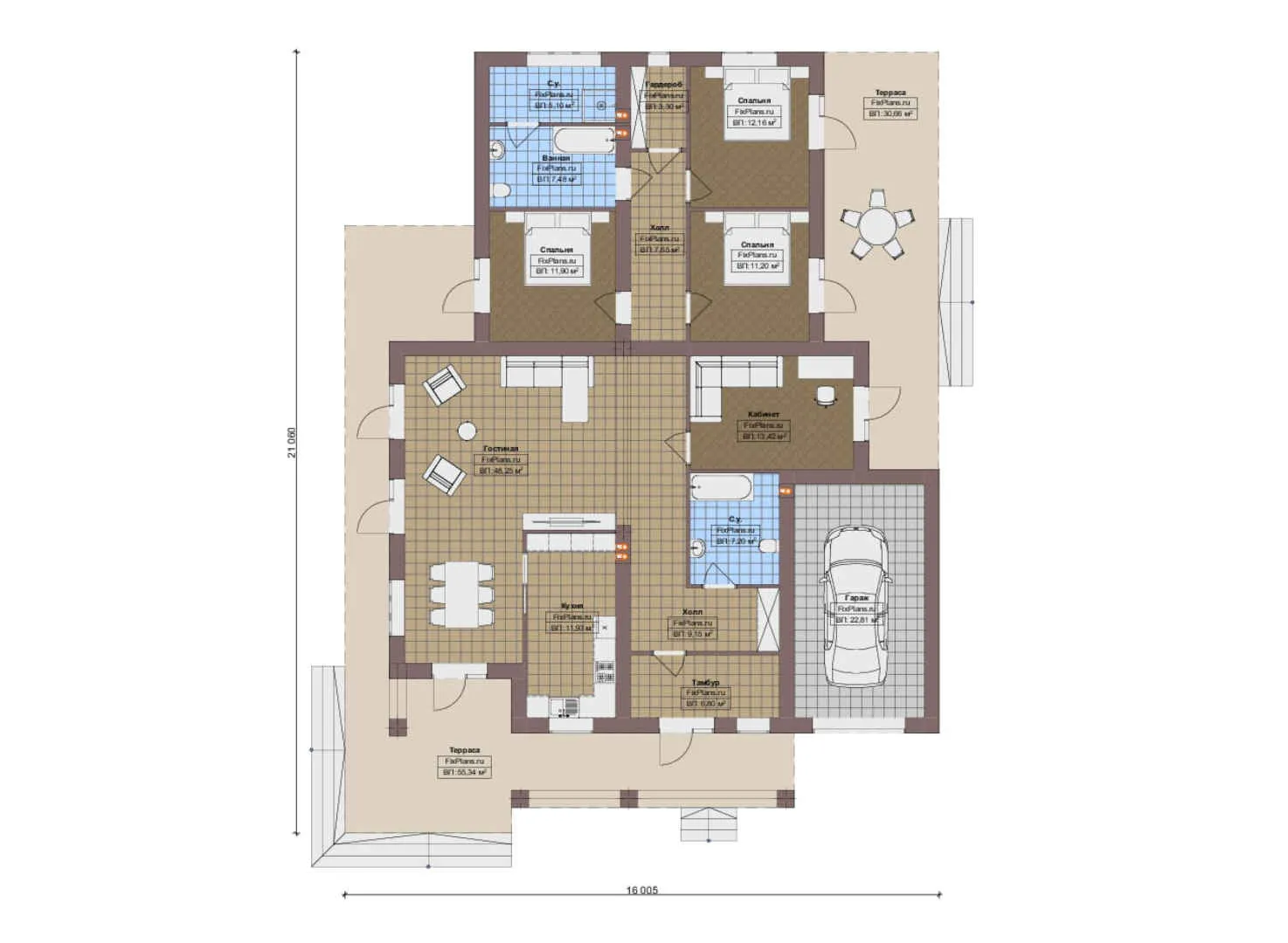 F-20402 - План одноэтажного дома 16 на 22, площадью 270 м² с террасой, гаражом на 1 машину и 3 спальнями