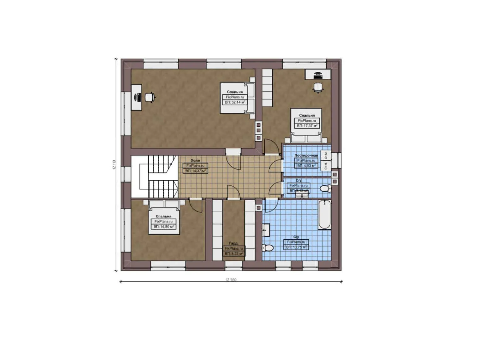 F-1331 - Планы двухэтажного дома 15 на 20, площадью 540 м² с террасой, гаражом на 2 машины и 8 спальнями
