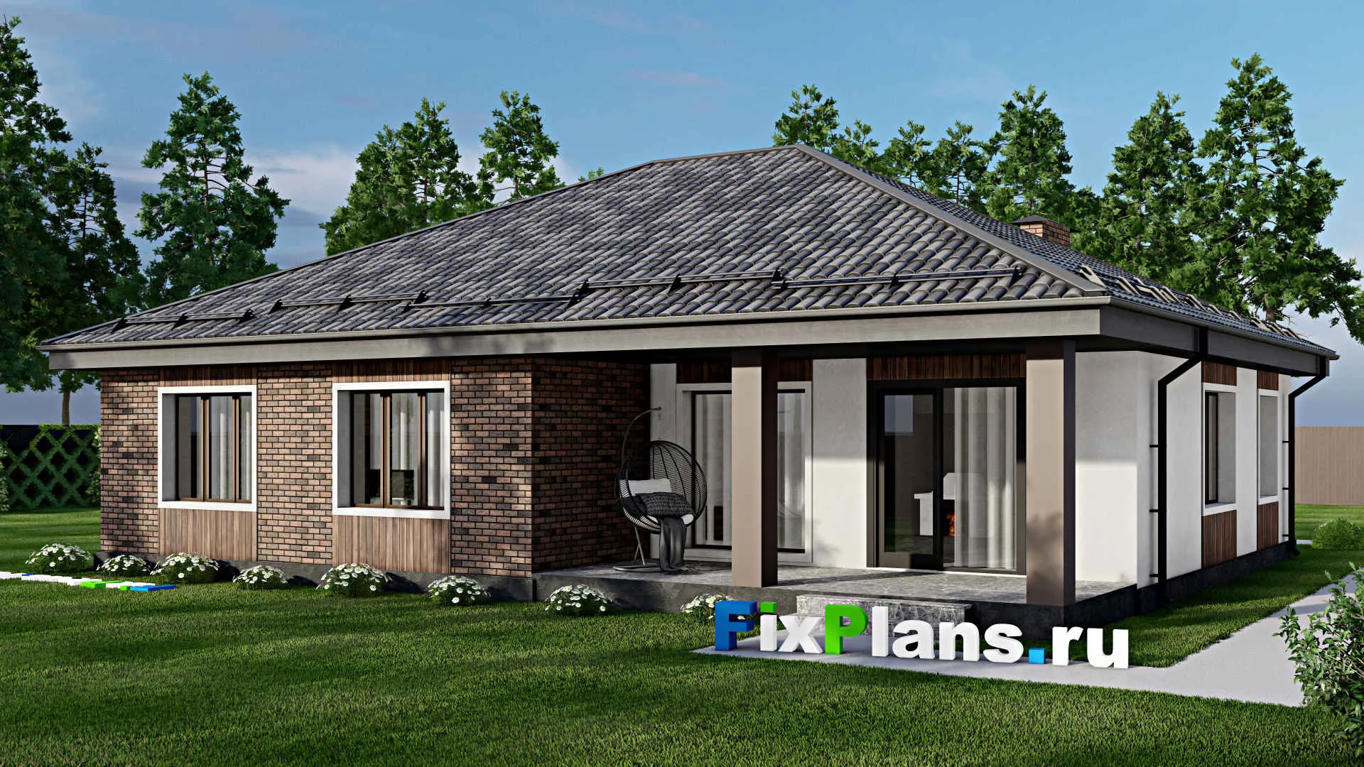 F-9647 - Проект одноэтажного дома 15 на 16, площадью 170 м² с террасой и 3 спальнями