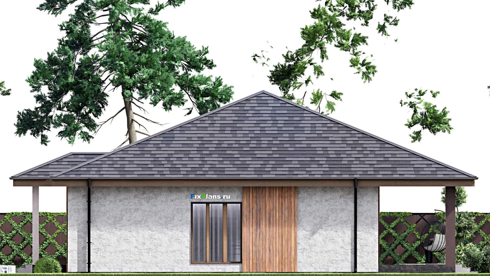 F-12914 - Проект одноэтажного дома 17 на 20, площадью 360 м² с террасой, цокольным этажом, баней, гаражом на 1 машину и 2 спальнями