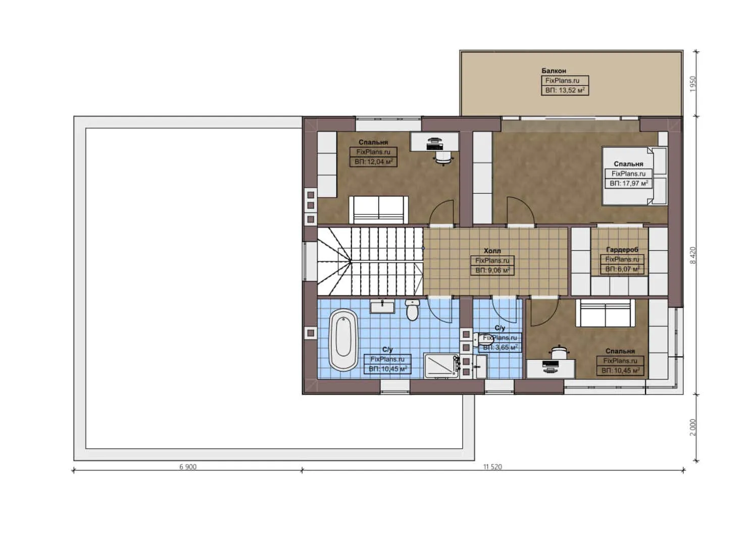 F-1871 - Планы двухэтажного дома 11 на 19, площадью 230 м² с террасой, балконом, гаражом на 2 машины и 4 спальнями