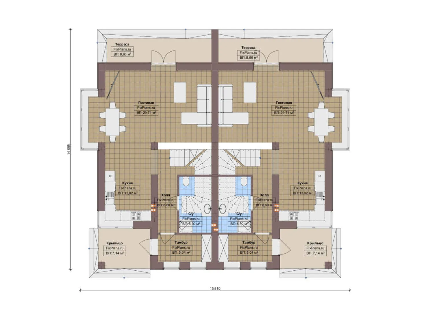 F-15992 - Планы дома с мансардой 15 на 16, площадью 290 м² с террасой и 6 спальнями