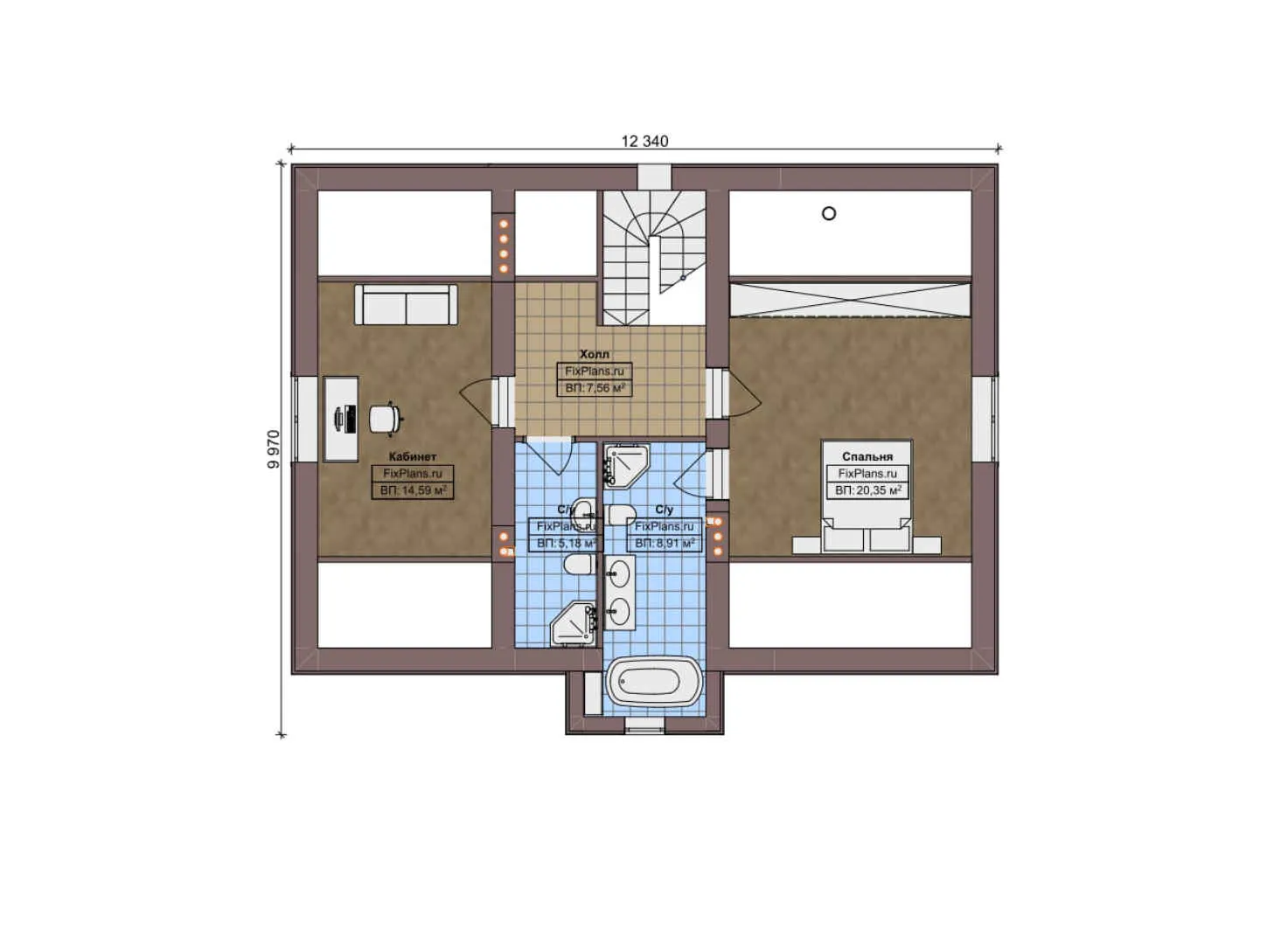 F-9071 - Планы дома с мансардой 11 на 16, площадью 260 м² с террасой и 2 спальнями