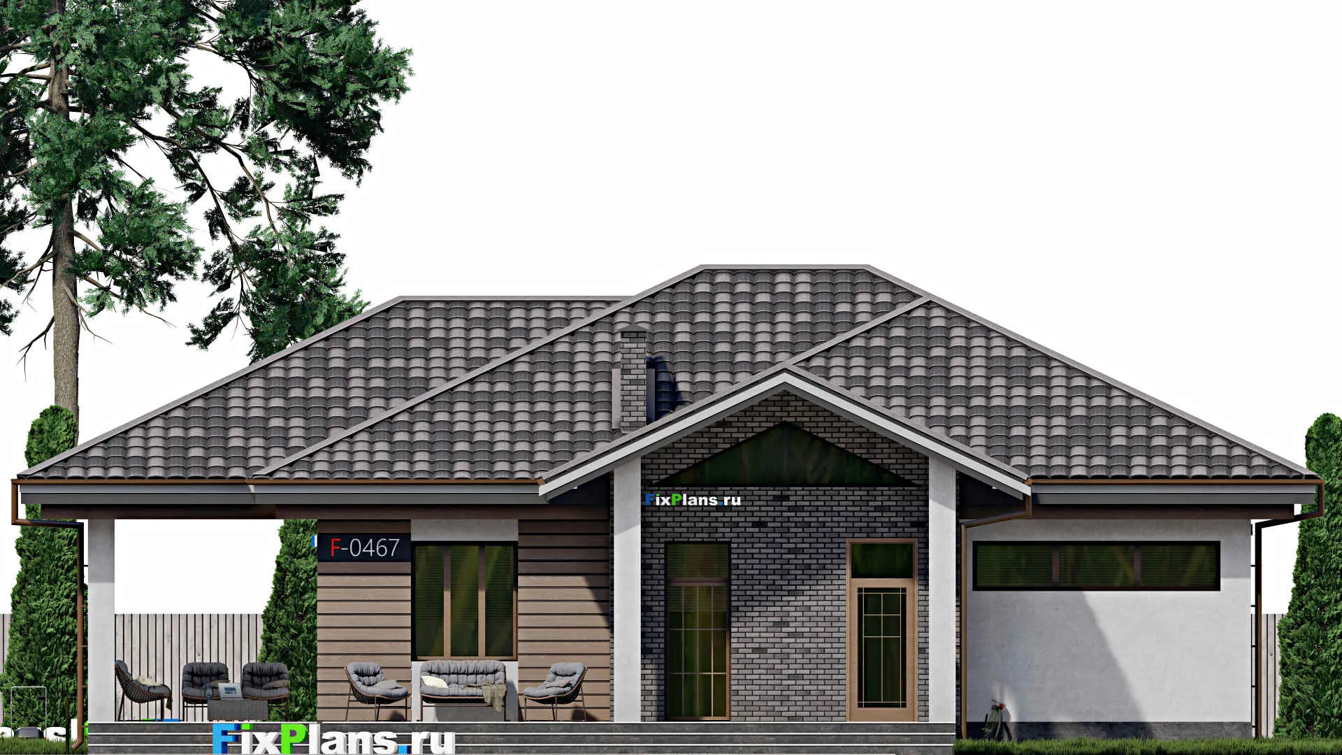 F-0467 - План одноэтажного дома 14 на 14, площадью 190 м² с террасой и 5 спальнями