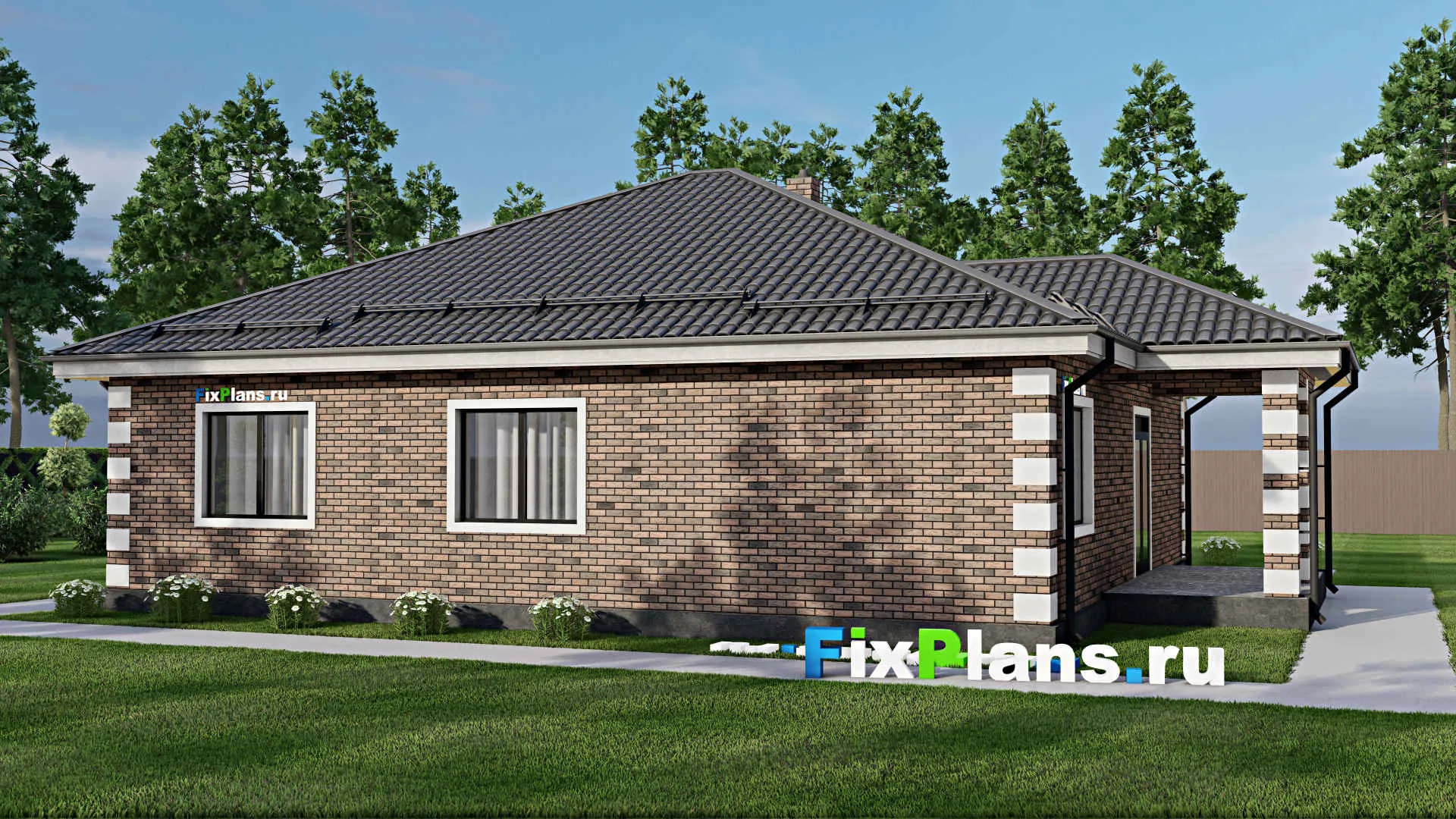 F-4328 - Проект одноэтажного дома 13 на 14, площадью 150 м² с террасой и 3 спальнями