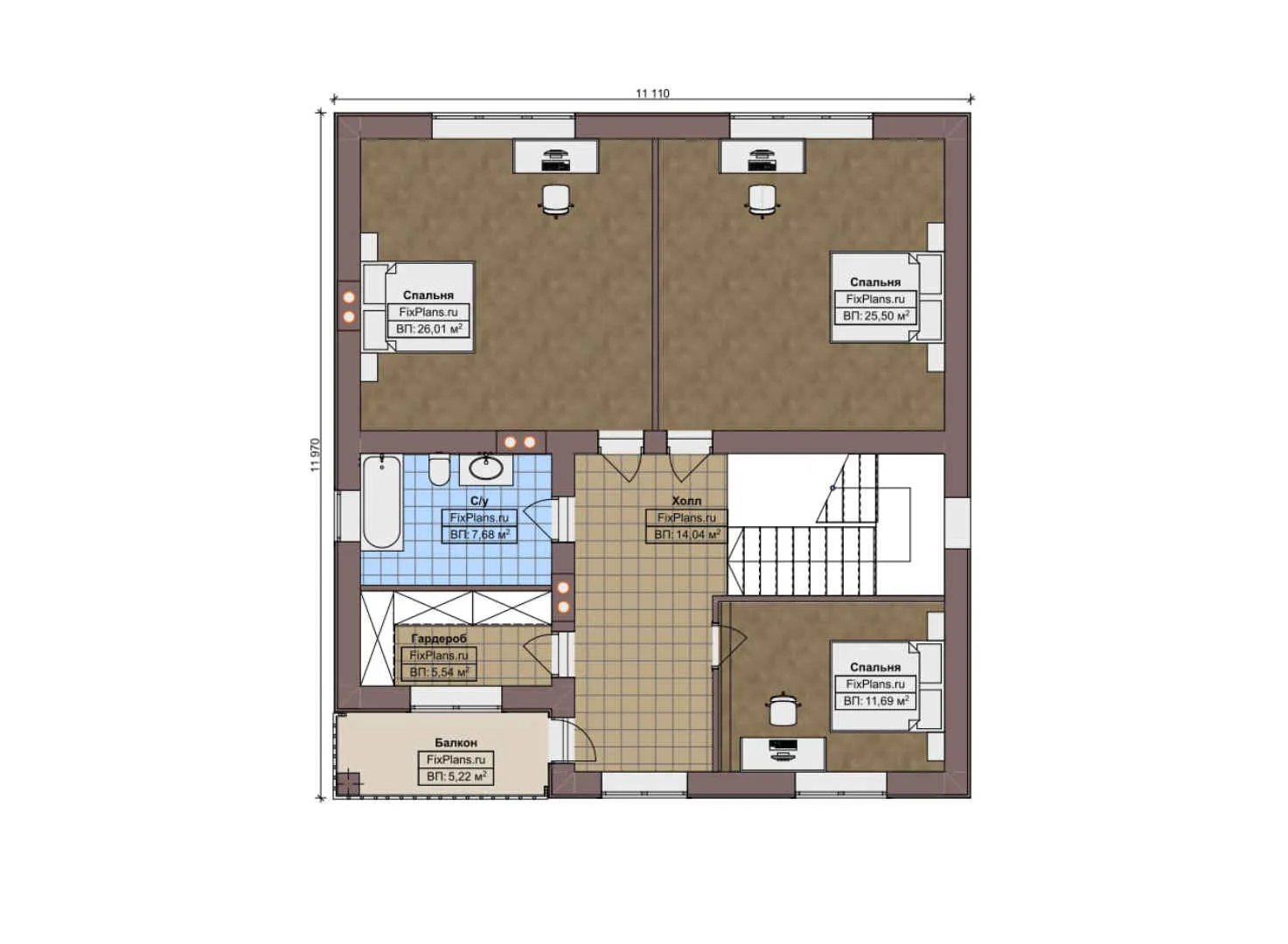 F-8423 - Планы двухэтажного дома 12 на 12, площадью 200 м² с террасой, балконом и 3 спальнями