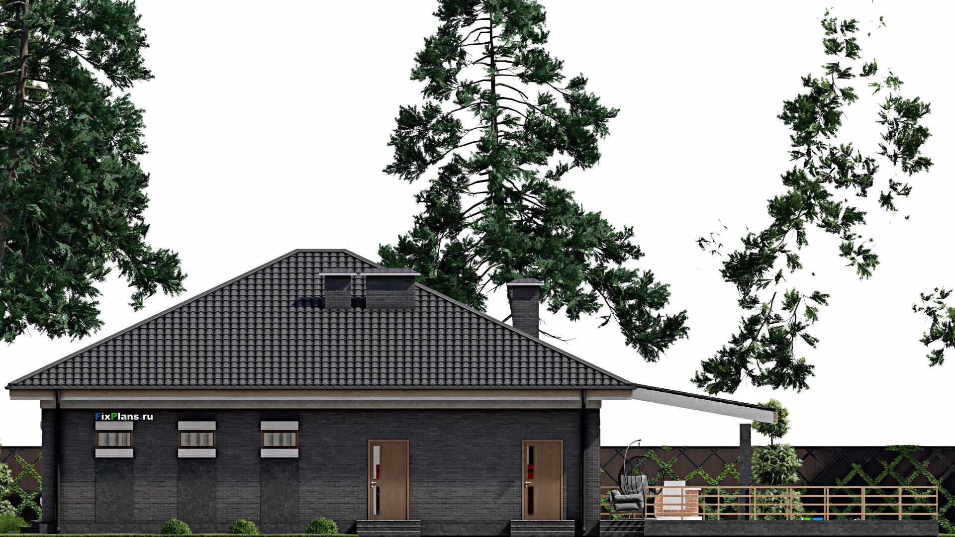 F-4562 - Проект одноэтажного дома 14 на 15, площадью 260 м² с террасой, баней, гаражом на 1 машину, бассейном и 3 спальнями