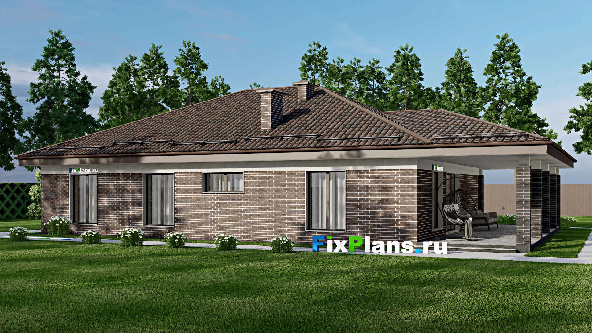 F-5741 - План одноэтажного дома 13 на 20, площадью 220 м² с террасой и 3 спальнями