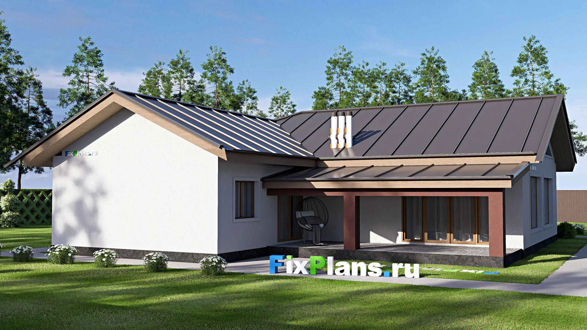 F-20141 - Проект одноэтажного дома 16 на 17, площадью 180 м² с террасой и 3 спальнями