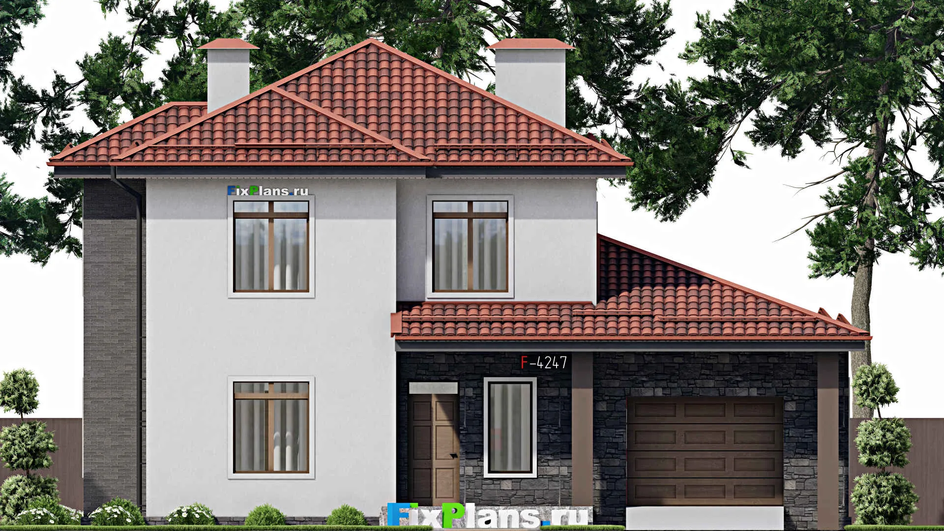 F-4247 - Планы двухэтажного дома 15 на 16, площадью 200 м² с террасой, гаражом на 1 машину и 4 спальнями